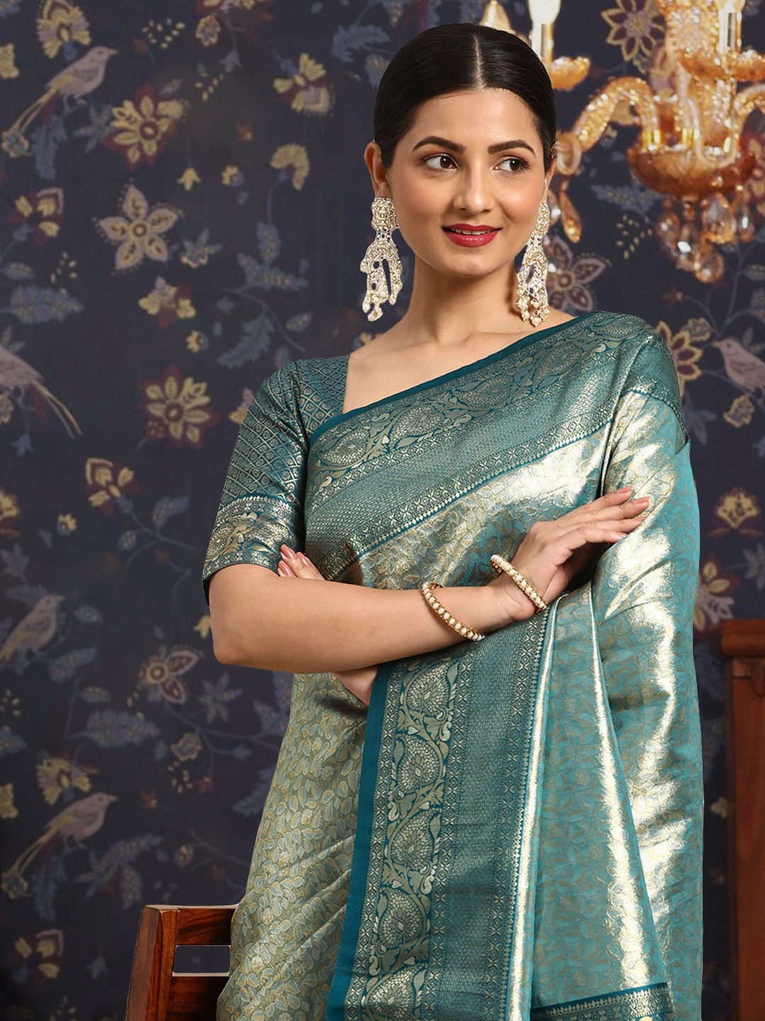 

House of Pataudi Ethnic Motifs Zari Saree, Blue