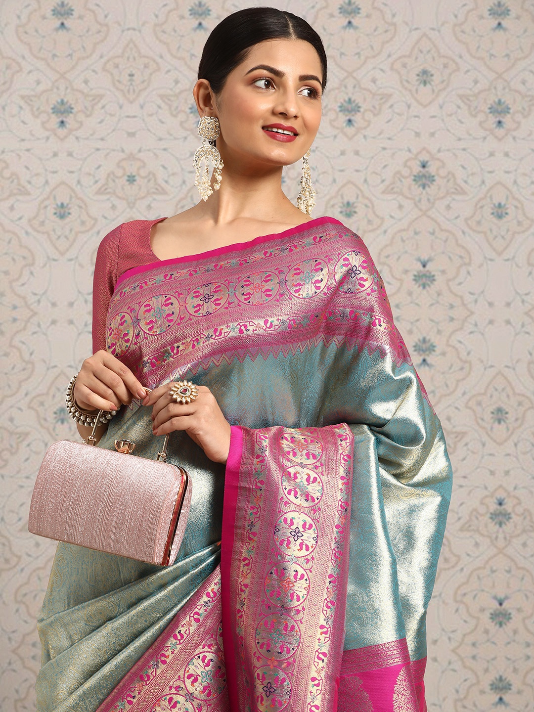 

House of Pataudi Ethnic Motifs Zari Saree, Pink