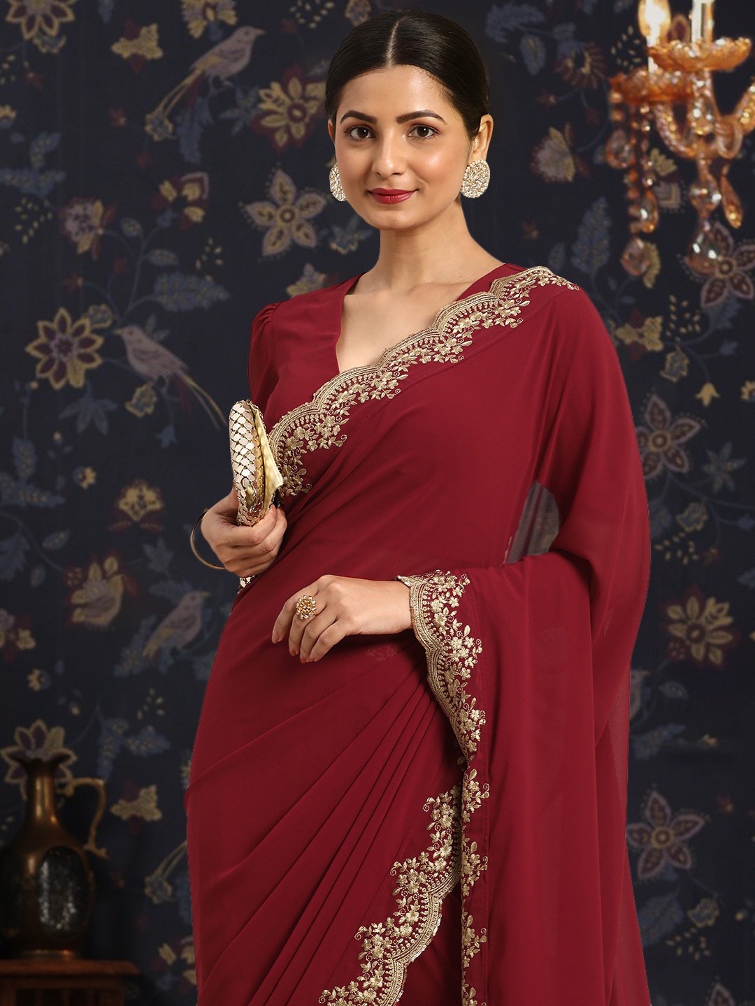 House of Pataudi Embroidered Saree, Maroon