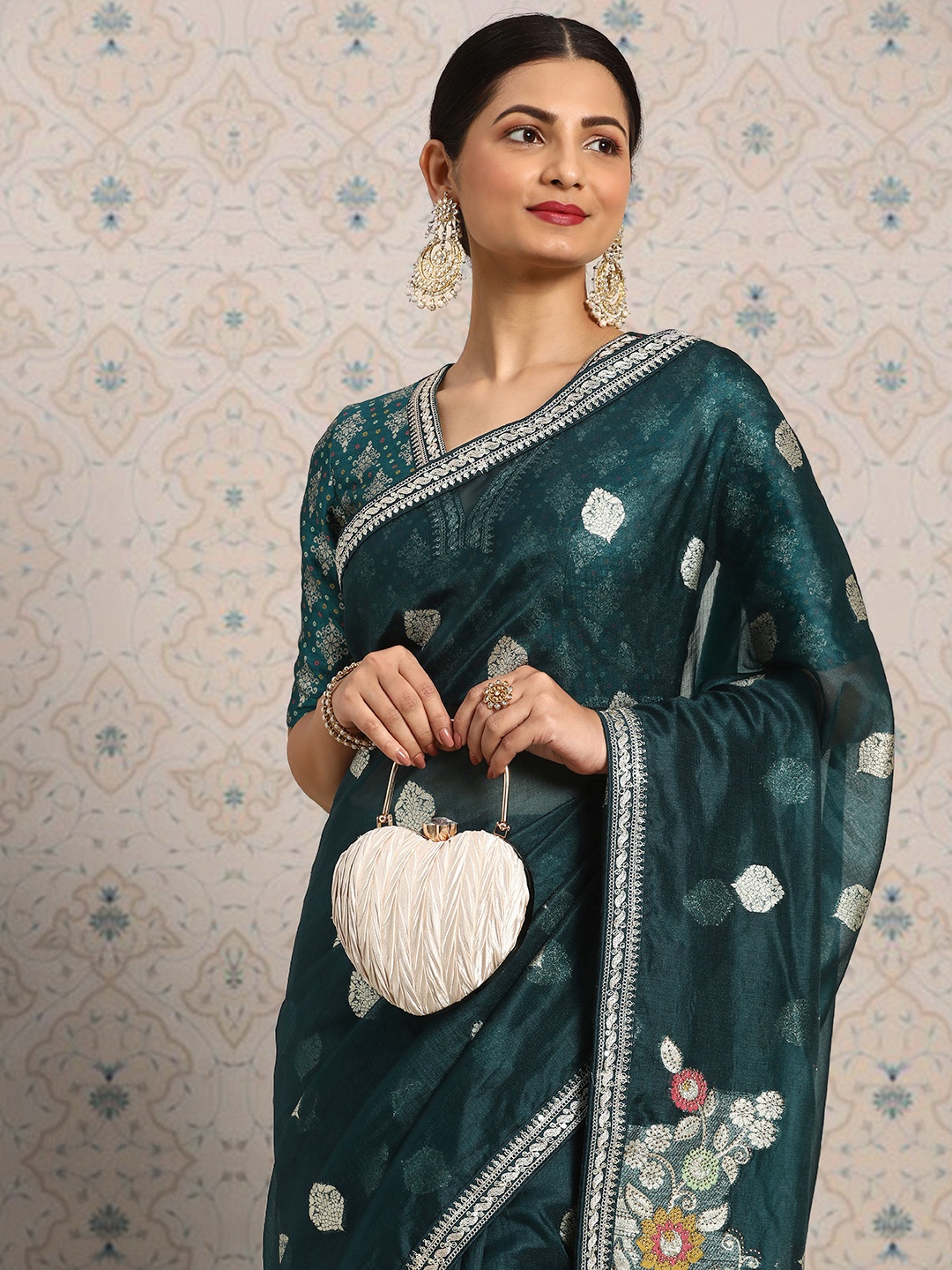 

House of Pataudi Ethnic Motifs Zari Organza Saree, Teal
