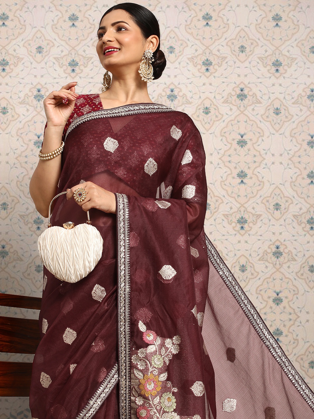 

House of Pataudi Floral Zari Organza Saree, Burgundy