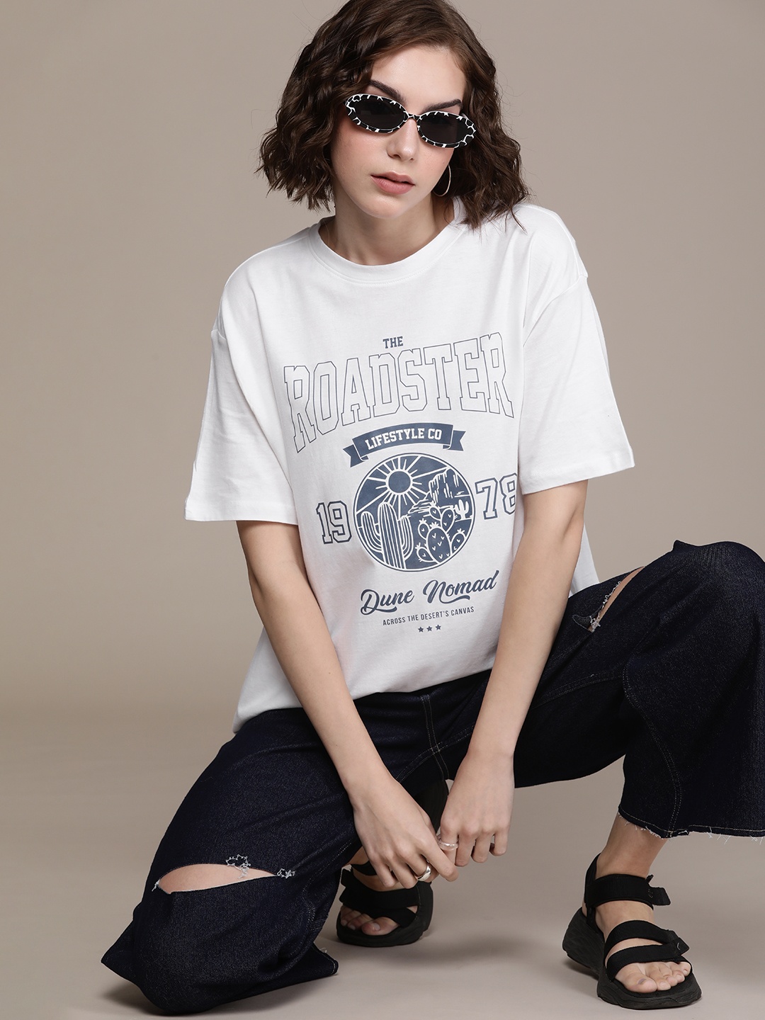 

Roadster Printed Drop-Shoulder Sleeves Bio Finish Oversized T-shirt, White