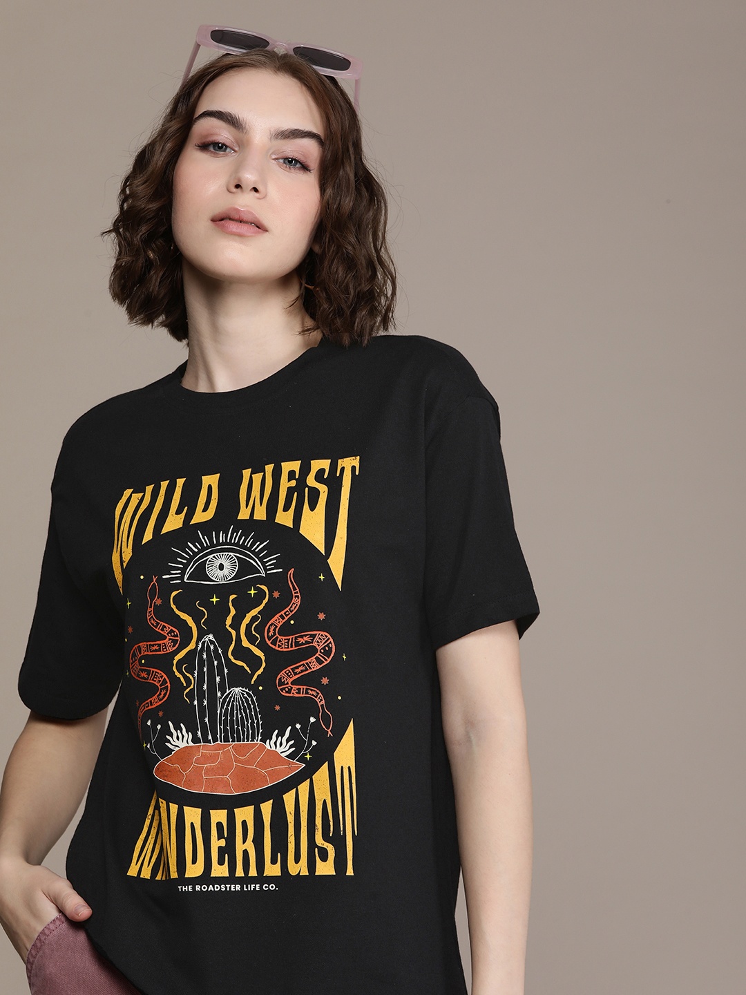 

Roadster Women Graphic Printed Oversized T-shirt, Black