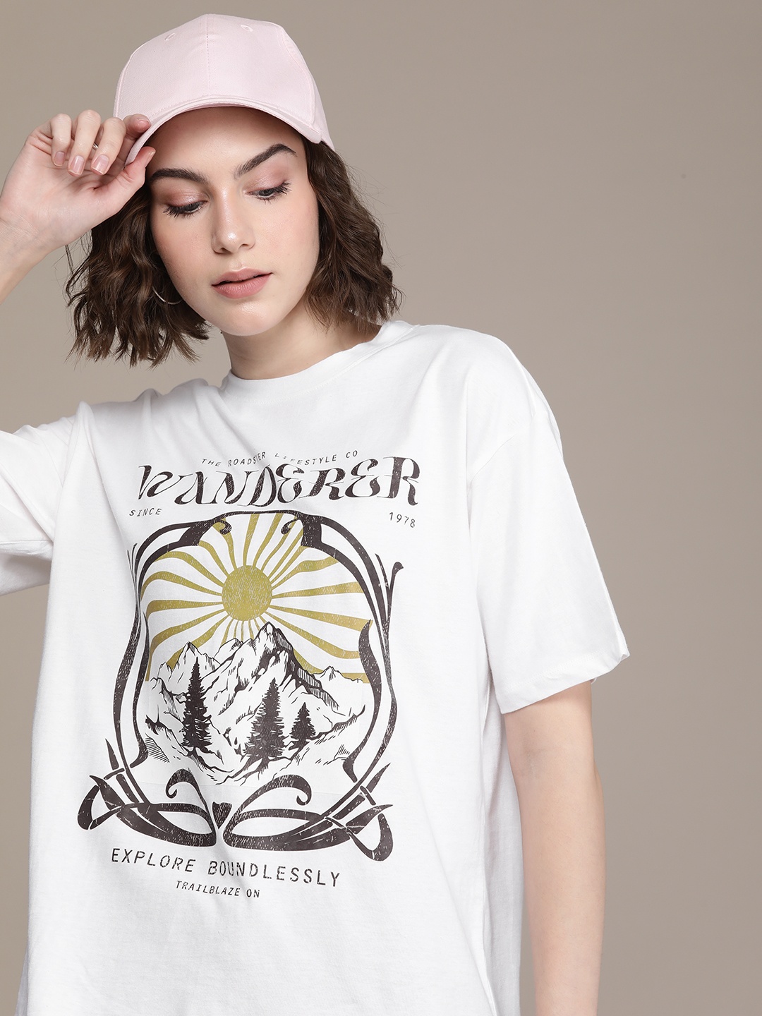 

Roadster Printed Drop-Shoulder Sleeves Bio Finish Oversized T-shirt, White