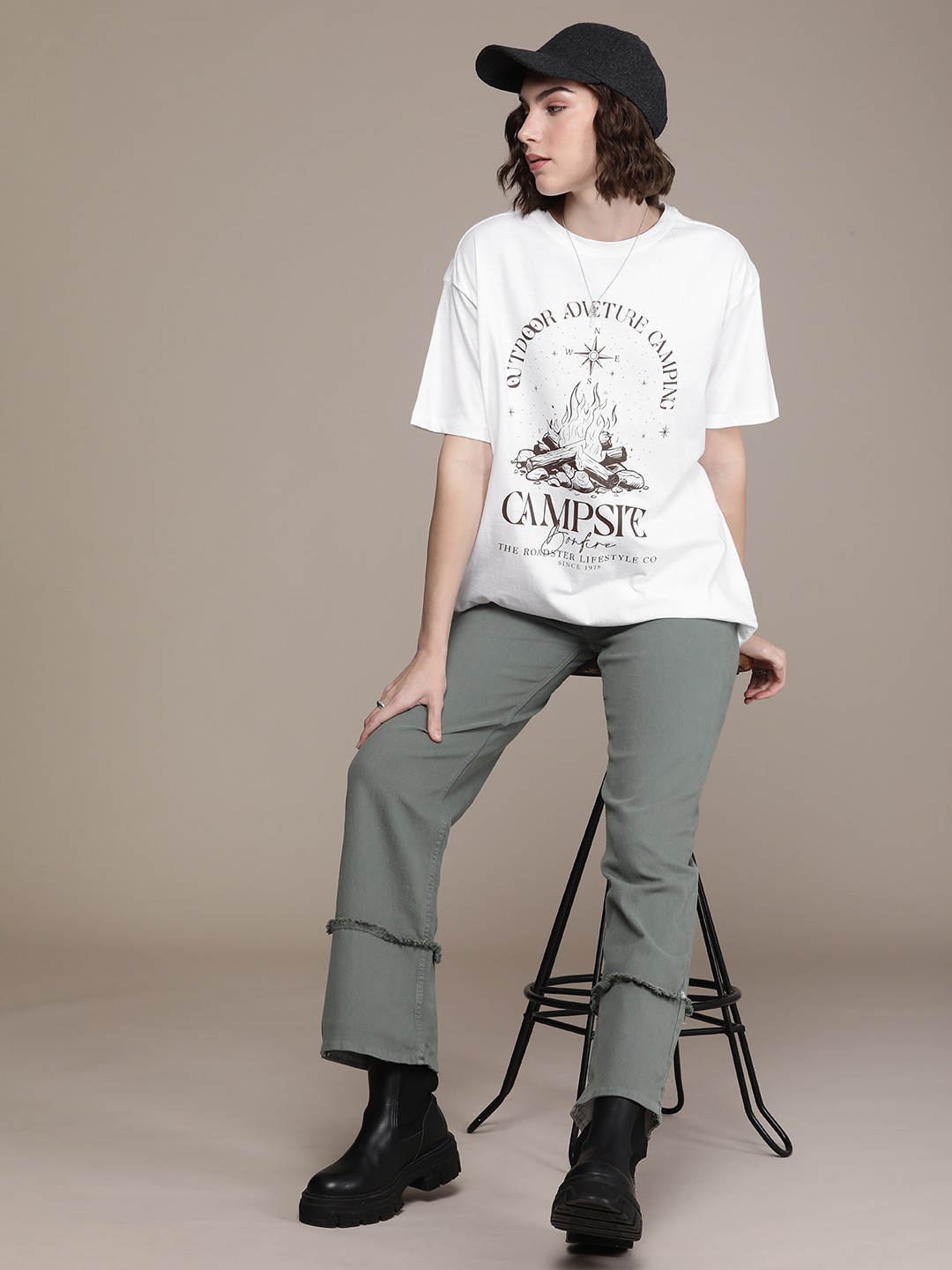 

Roadster Printed Drop-Shoulder Sleeves Bio Finish Oversized T-shirt, White