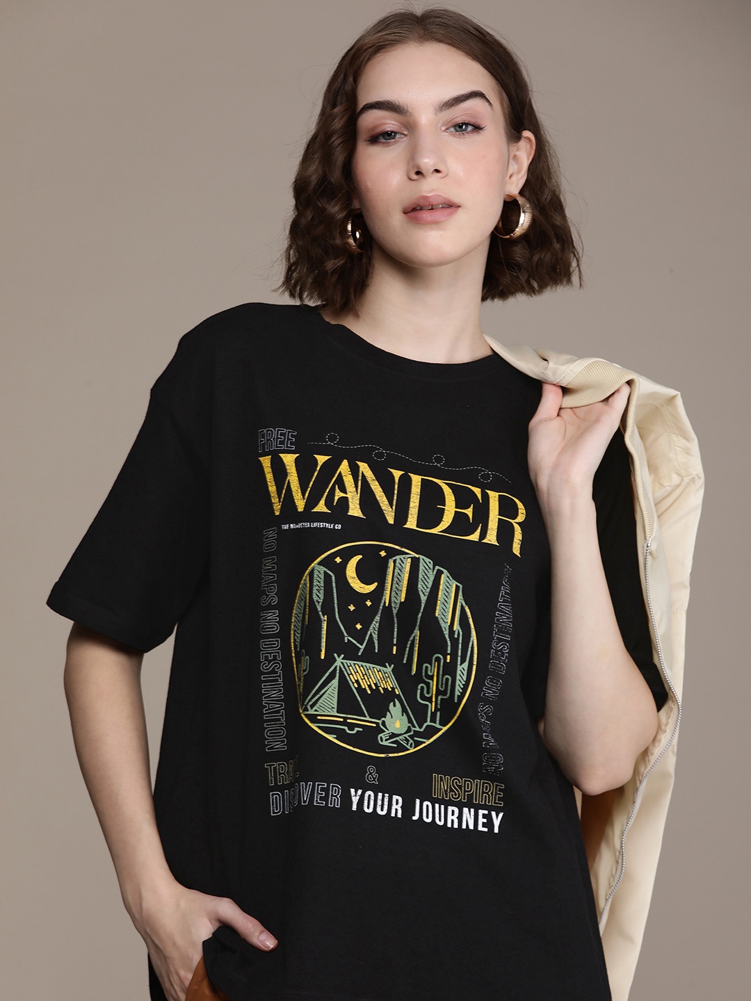 

Roadster Women Graphic Printed Oversized T-shirt, Black
