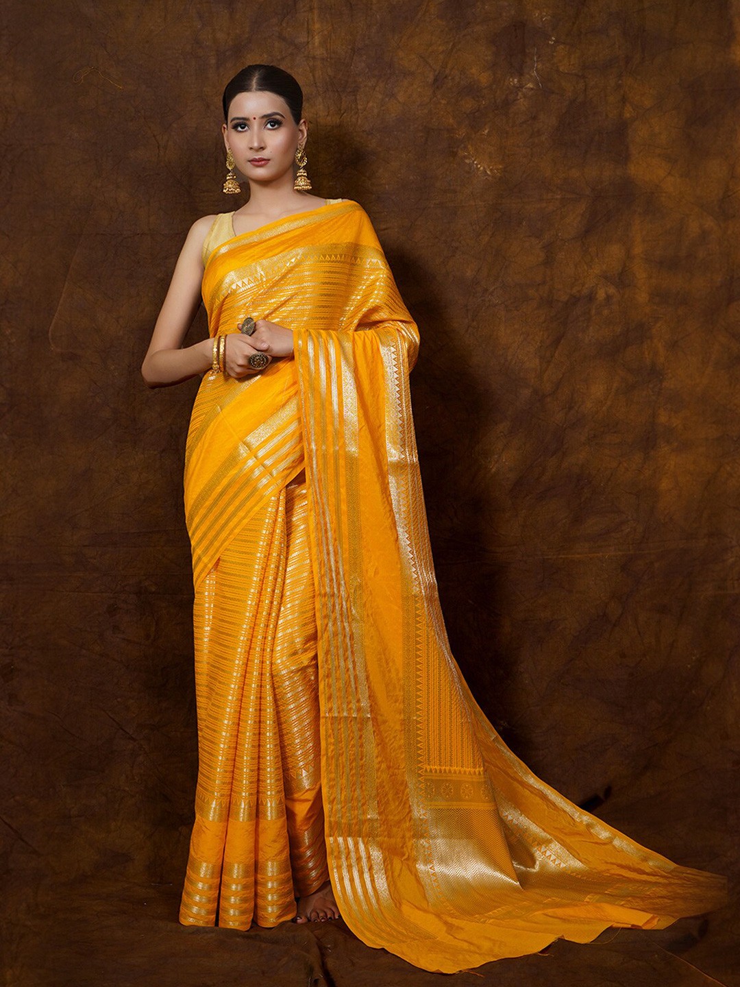 

PTIEPL Banarasi Silk Works Striped Zari Banarasi Saree, Yellow