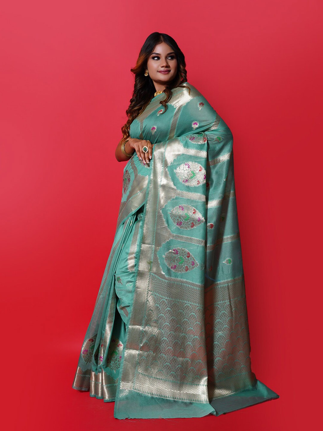 

PTIEPL Banarasi Silk Works Ethnic Motifs Woven Design Zari Banarasi Saree, Sea green