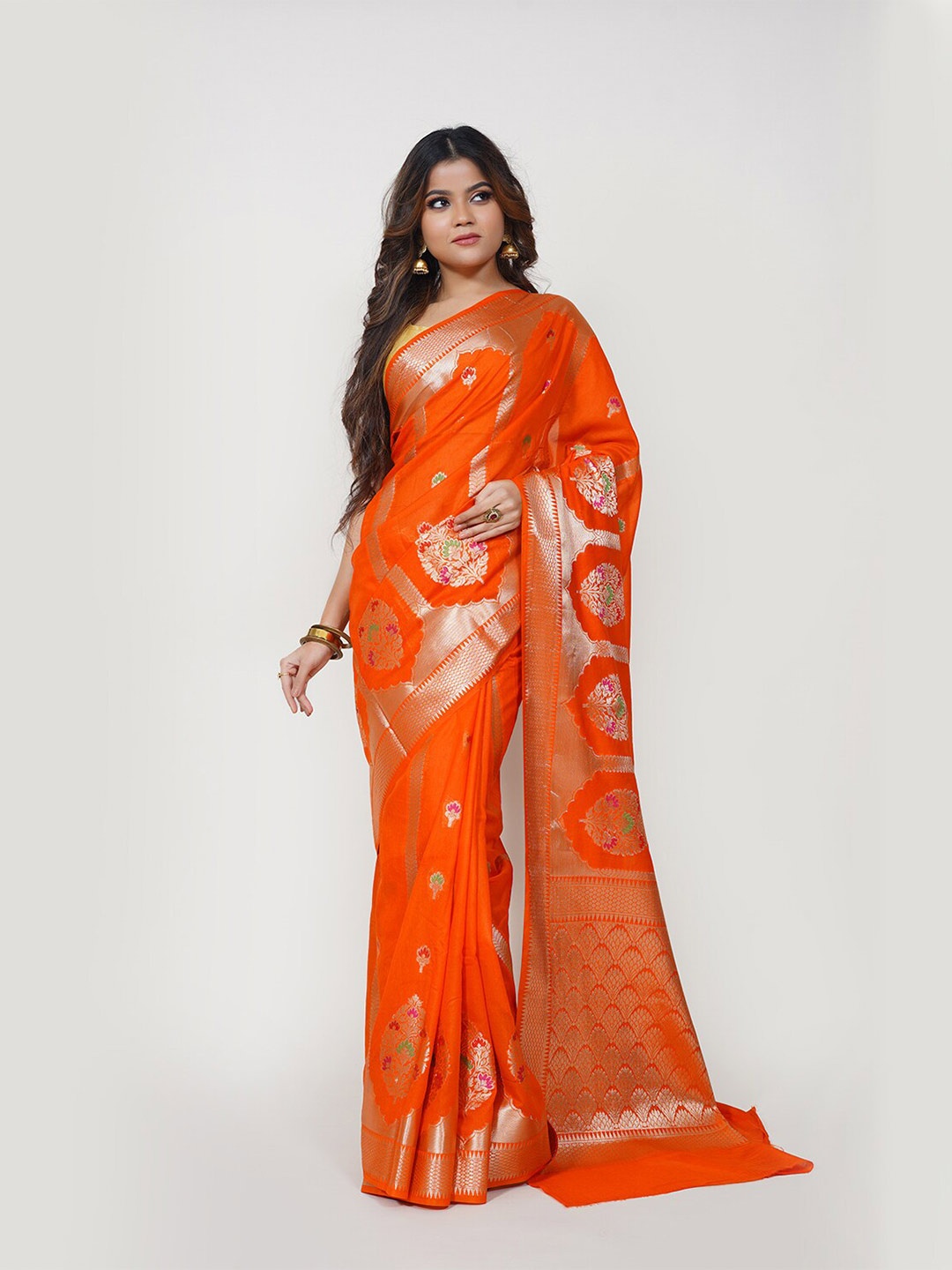 

PTIEPL Banarasi Silk Works Floral Woven Design Zari Banarasi Saree, Orange