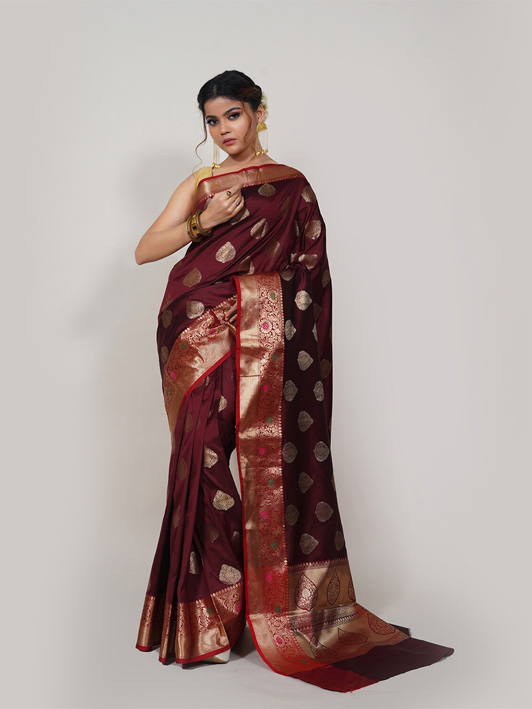 

PTIEPL Banarasi Silk Works Ethnic Motifs Woven Design Zari Banarasi Saree, Camel brown
