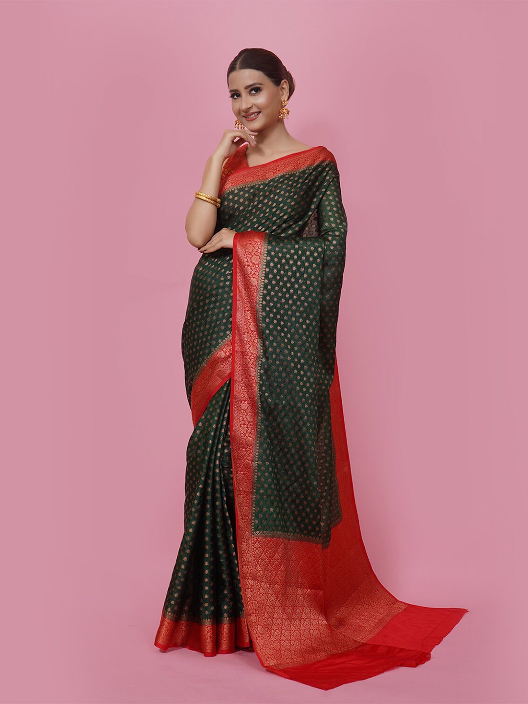 

PTIEPL Banarasi Silk Works Ethnic Motifs Woven Design Zari Banarasi Saree, Green