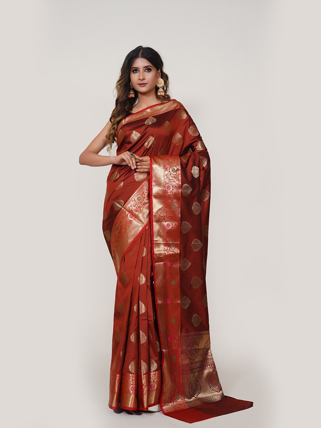 

PTIEPL Banarasi Silk Works Ethnic Motifs Woven Design Zari Banarasi Saree, Coffee brown