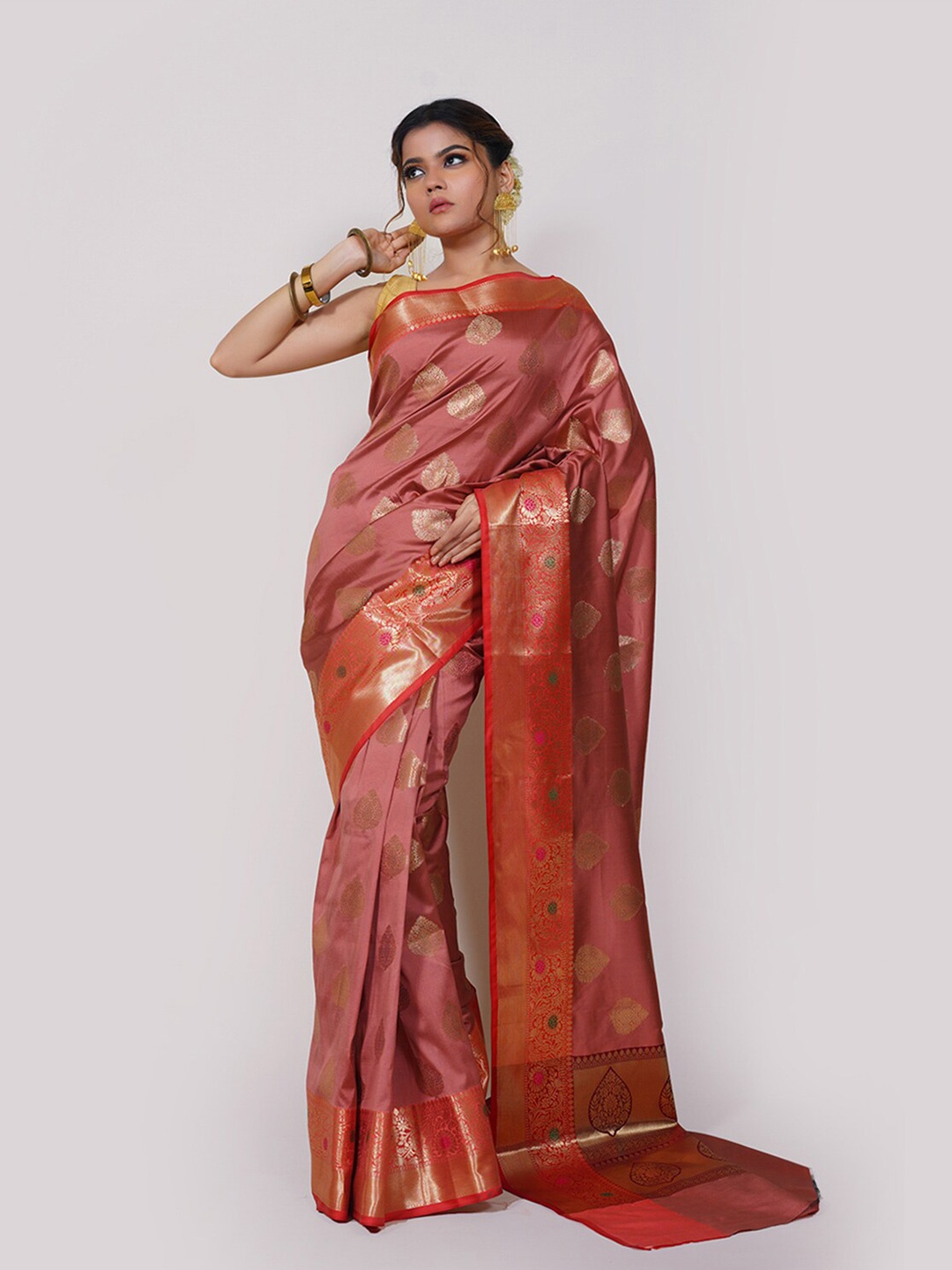 

PTIEPL Banarasi Silk Works Ethnic Motifs Woven Design Zari Banarasi Saree, Peach