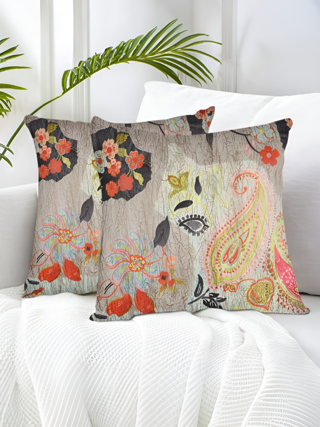 

Tesmare Beige & Orange 2 Pieces Ethnic Motifs Suede Square Cushion Covers