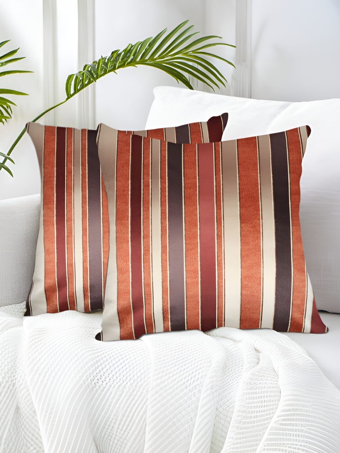 

Tesmare Beige & Brown 2 Pieces Striped Velvet Square Cushion Covers