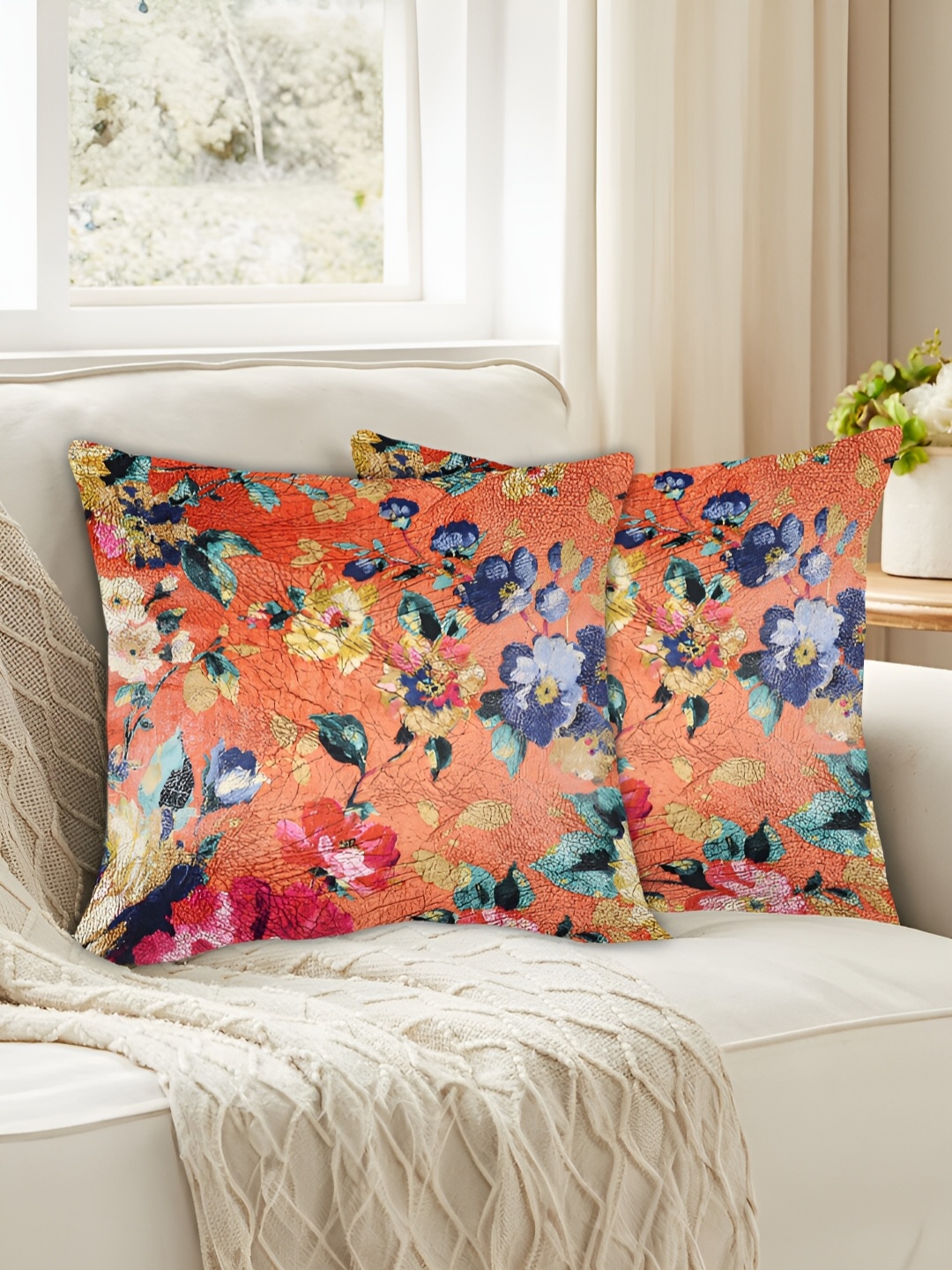 

Tesmare Orange & Blue 2 Pieces Floral Velvet Square Cushion Covers