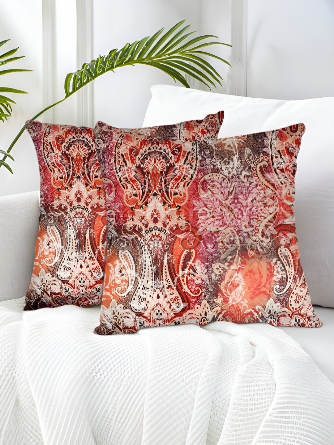 

Tesmare Red & Orange 2 Pieces Ethnic Motifs Suede Square Cushion Covers