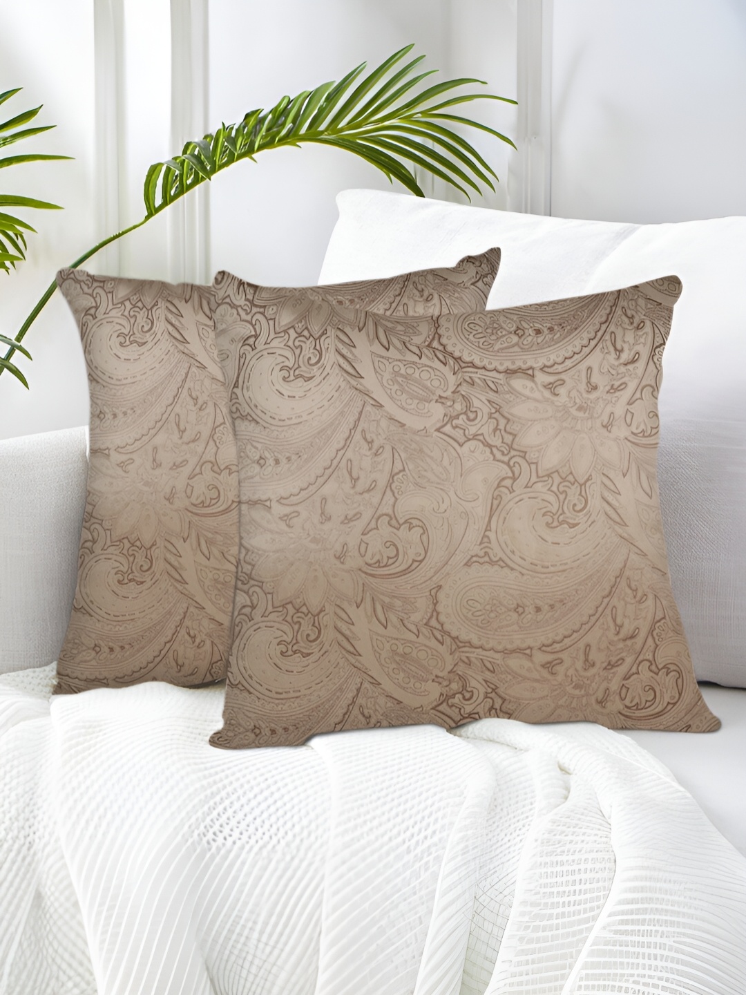 

Tesmare Beige & Brown 2 Pieces Ethnic Motifs Suede Square Cushion Covers