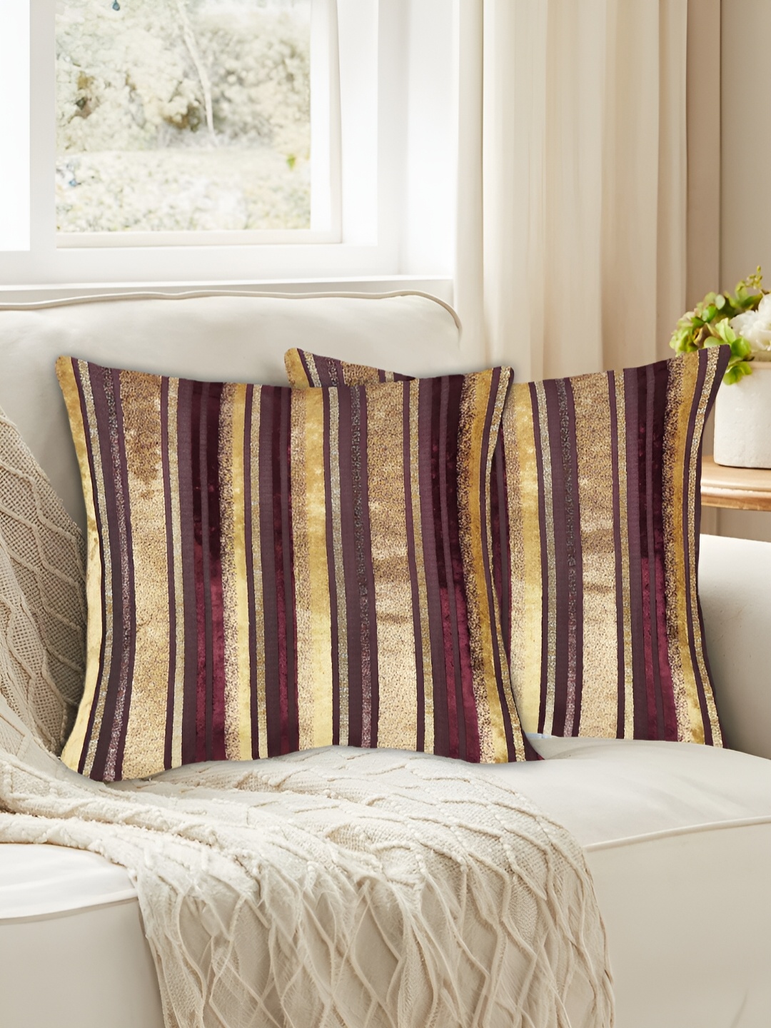 

Tesmare Maroon & Gold Toned 2 Pieces Striped Velvet Square Cushion Covers