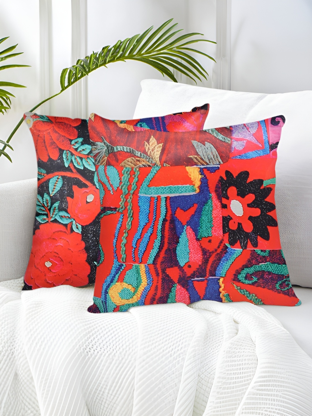 

Tesmare Red & Blue 2 Pieces Quirky Velvet Square Cushion Covers