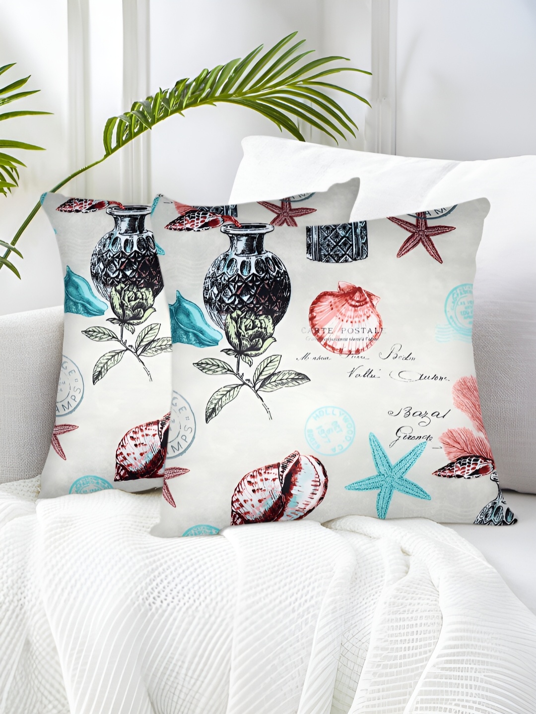 

Tesmare Off White & Blue 2 Pieces Ethnic Motifs Satin Square Cushion Covers