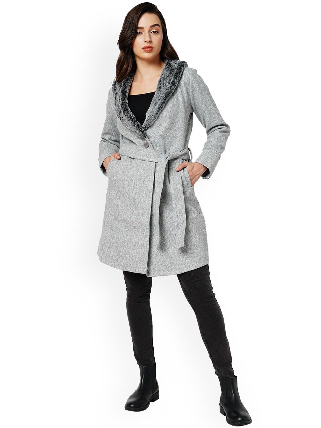 

ONLY Shawl Collar Belted Faux Fur Trim Longline Tailored Jacket, Grey