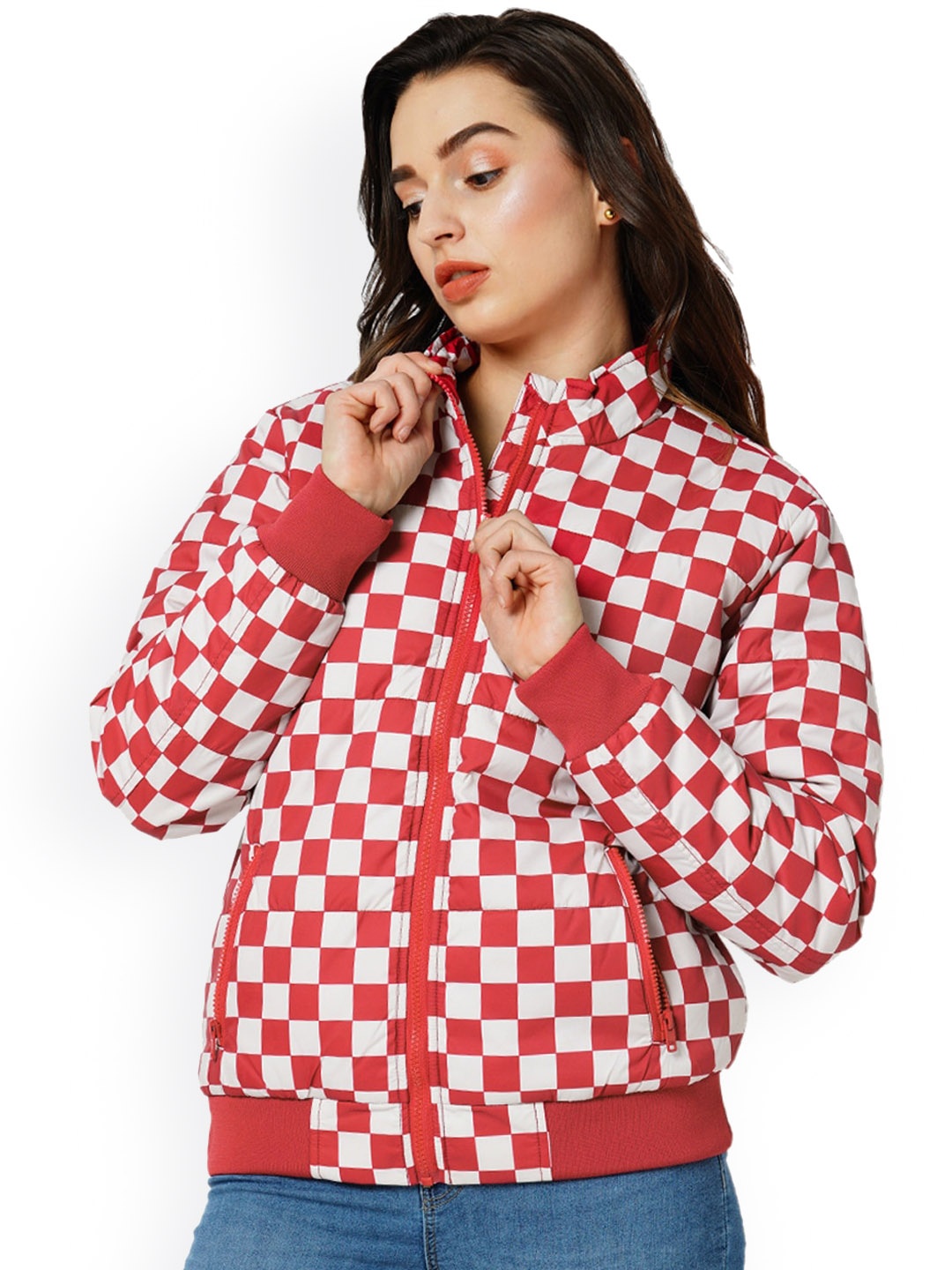 

ONLY Checked Stand Collar Bomber Jacket, Red