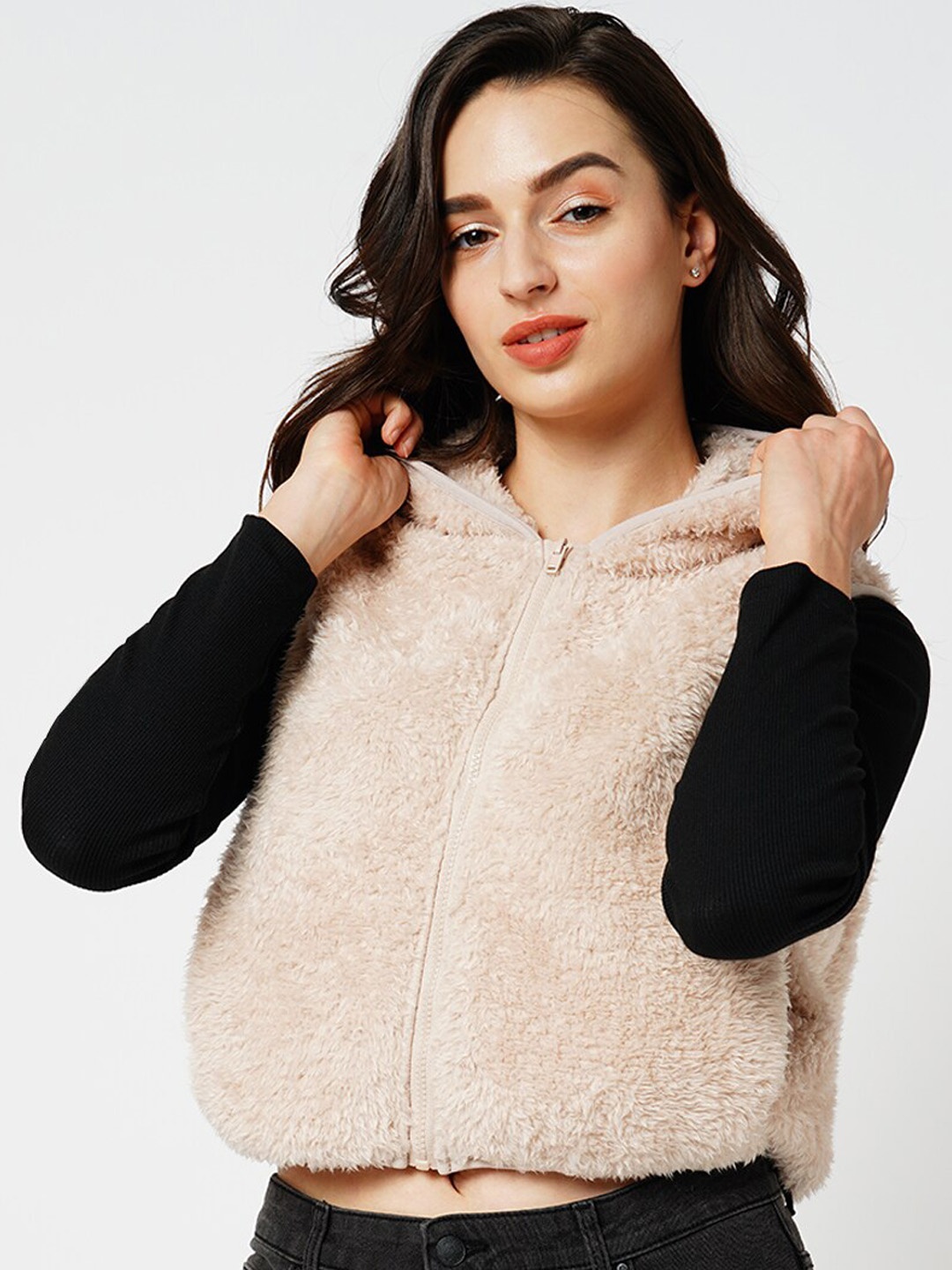 

ONLY Self Design Faux Fur Detail Hooded Sleeveless Tailored Jacket, Beige