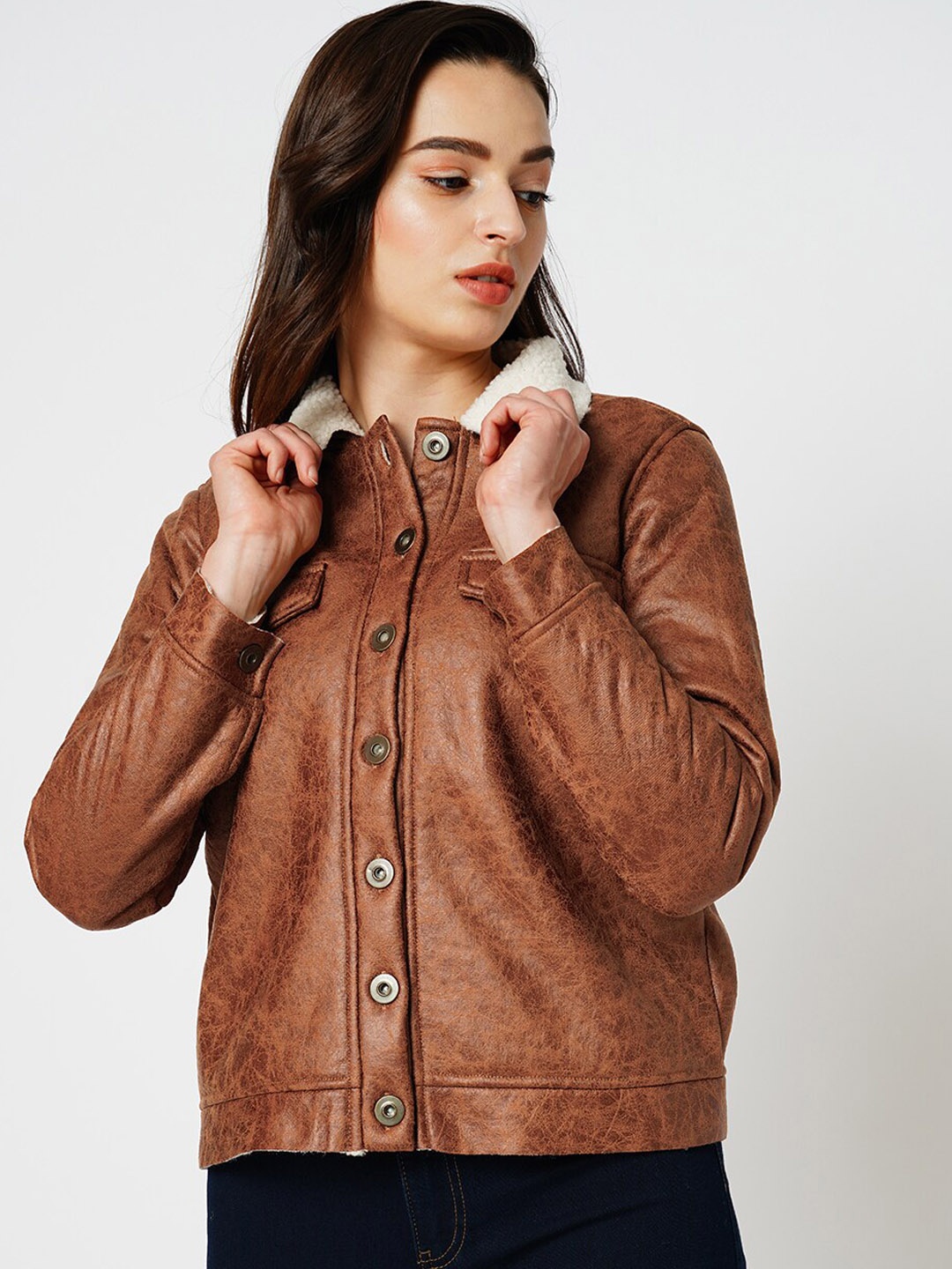 

ONLY Spread Collar Faux Fur Trim Tailored Jacket, Brown