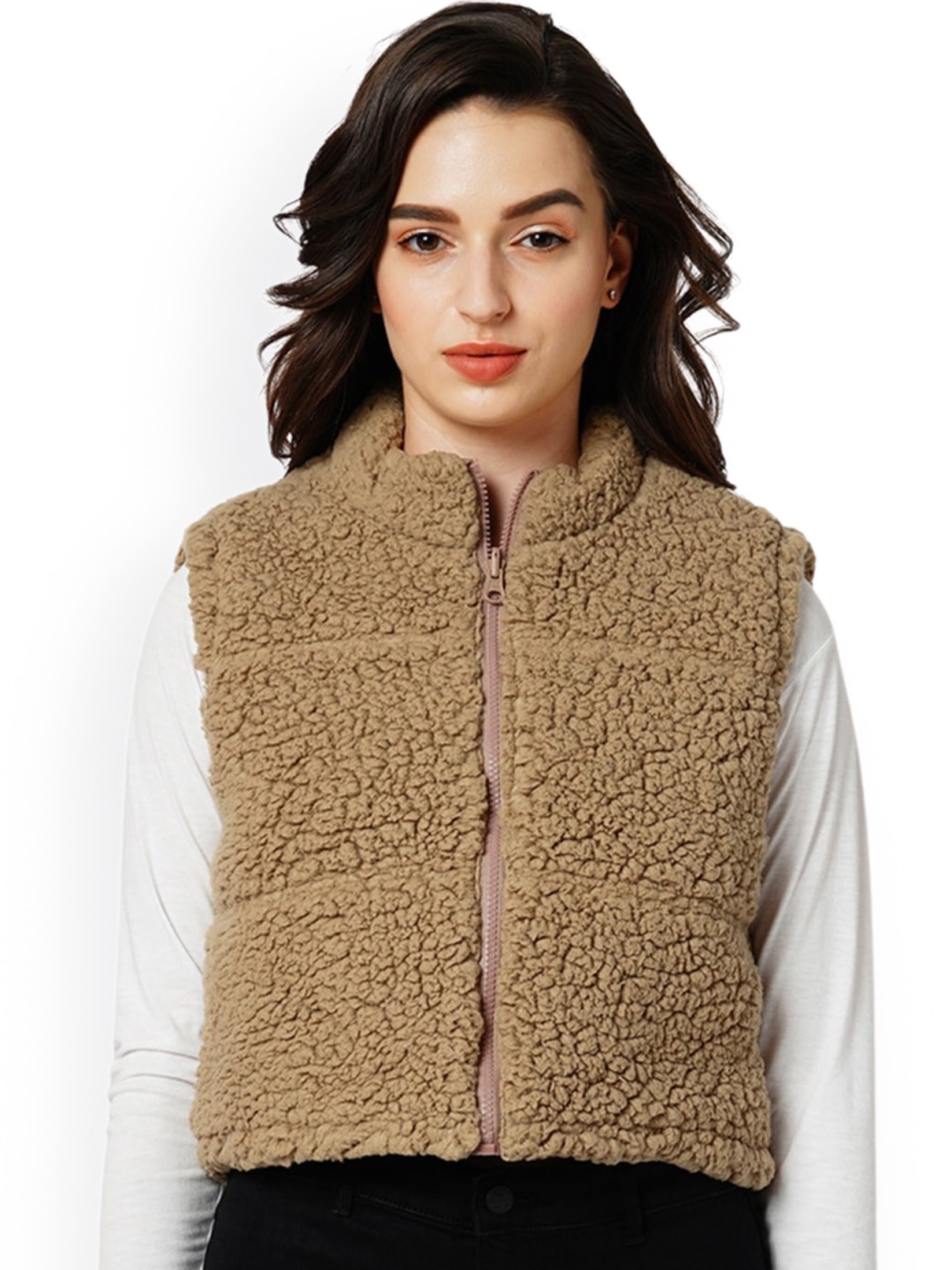 

ONLY Self Design Mock Collar Faux Fur Detail Sleeveless Tailored Jacket, Brown