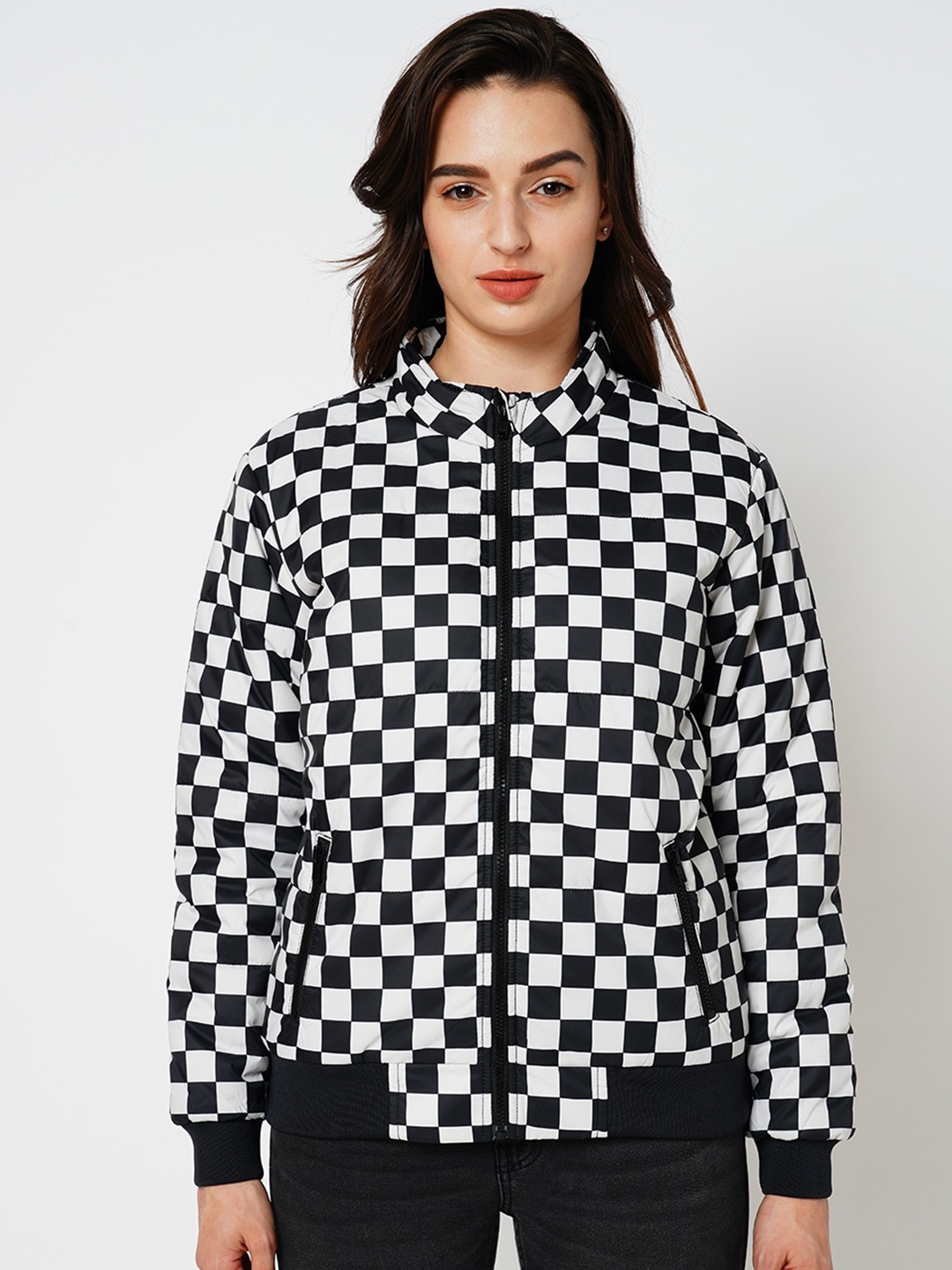 

ONLY Checked Stand Collar Bomber Jacket, Black