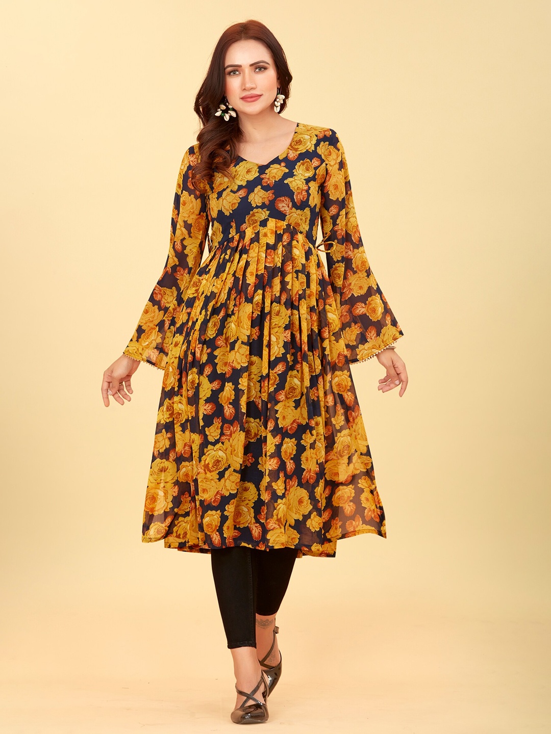 

CHANSI Floral Printed Bell Sleeves Georgette Kurta, Yellow