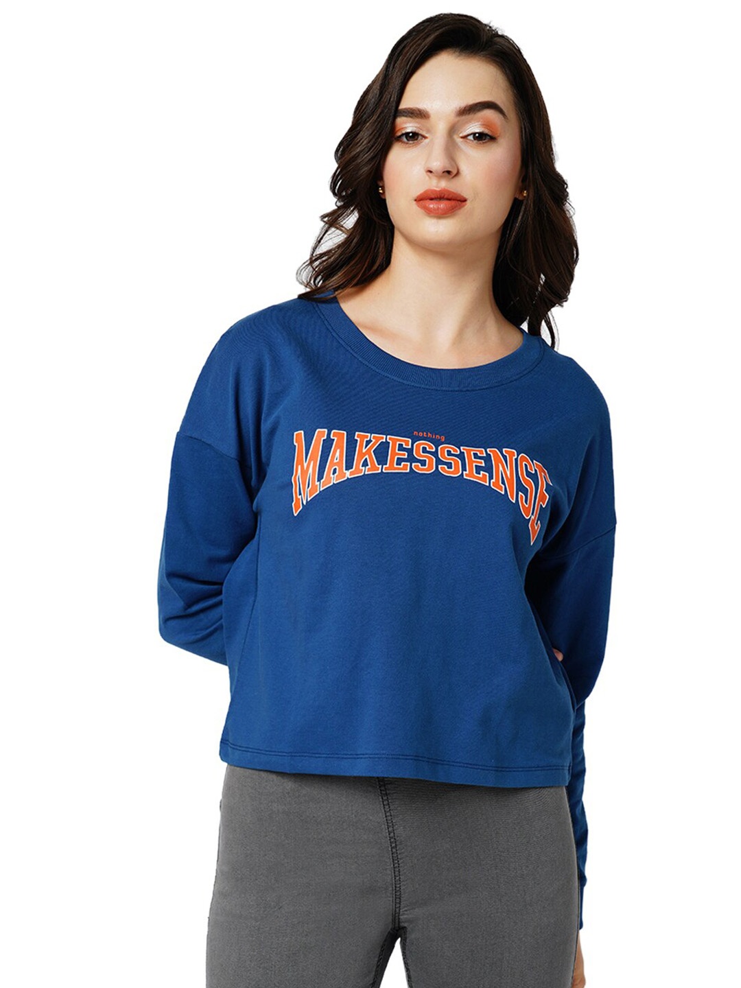 

ONLY Typography Printed Pullover Pure Cotton Sweatshirt, Blue