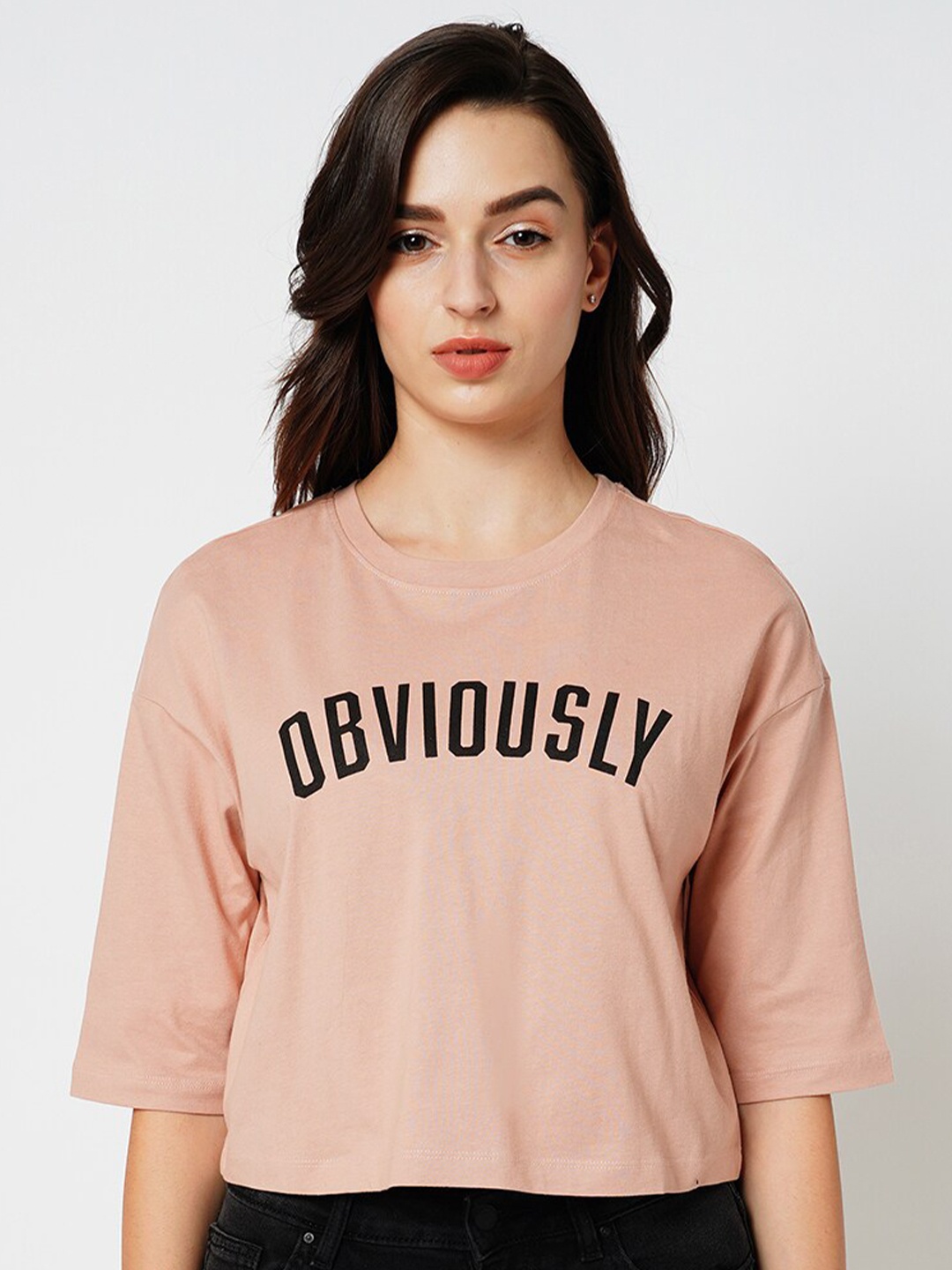 

ONLY Typography Printed Round Neck Drop-Shoulder Sleeves Pure Cotton T-shirt, Mauve