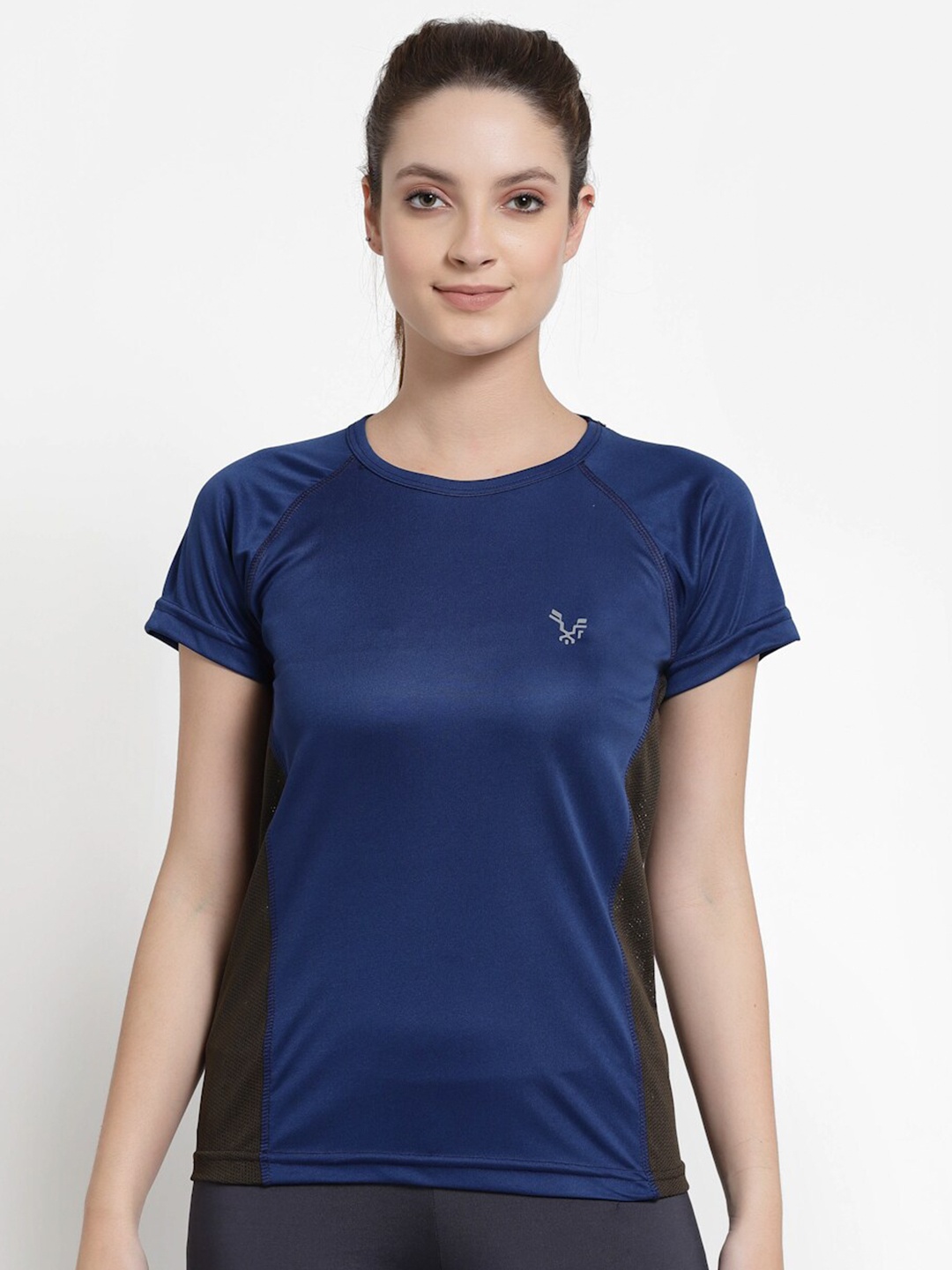

UZARUS Colourblocked Round Neck Dry Fit Training or Gym T-shirt, Navy blue