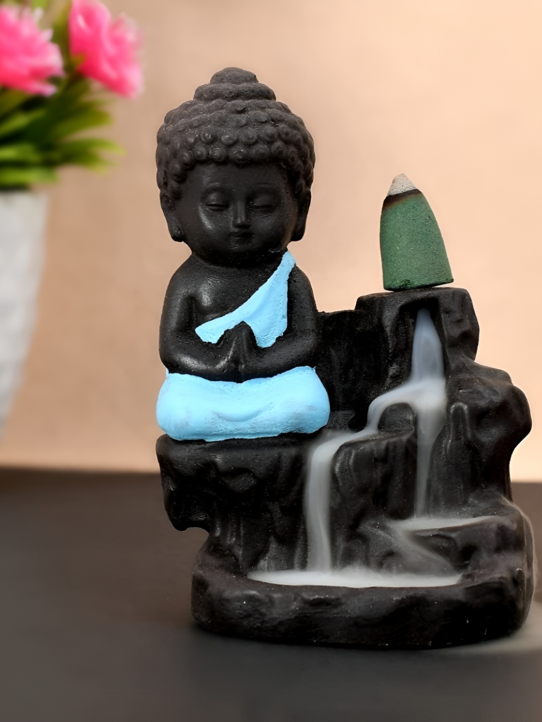 

HOME AUZAR Turquoise Blue Meditation Monk Buddha Statue with Smoke Back Flow Showpiece