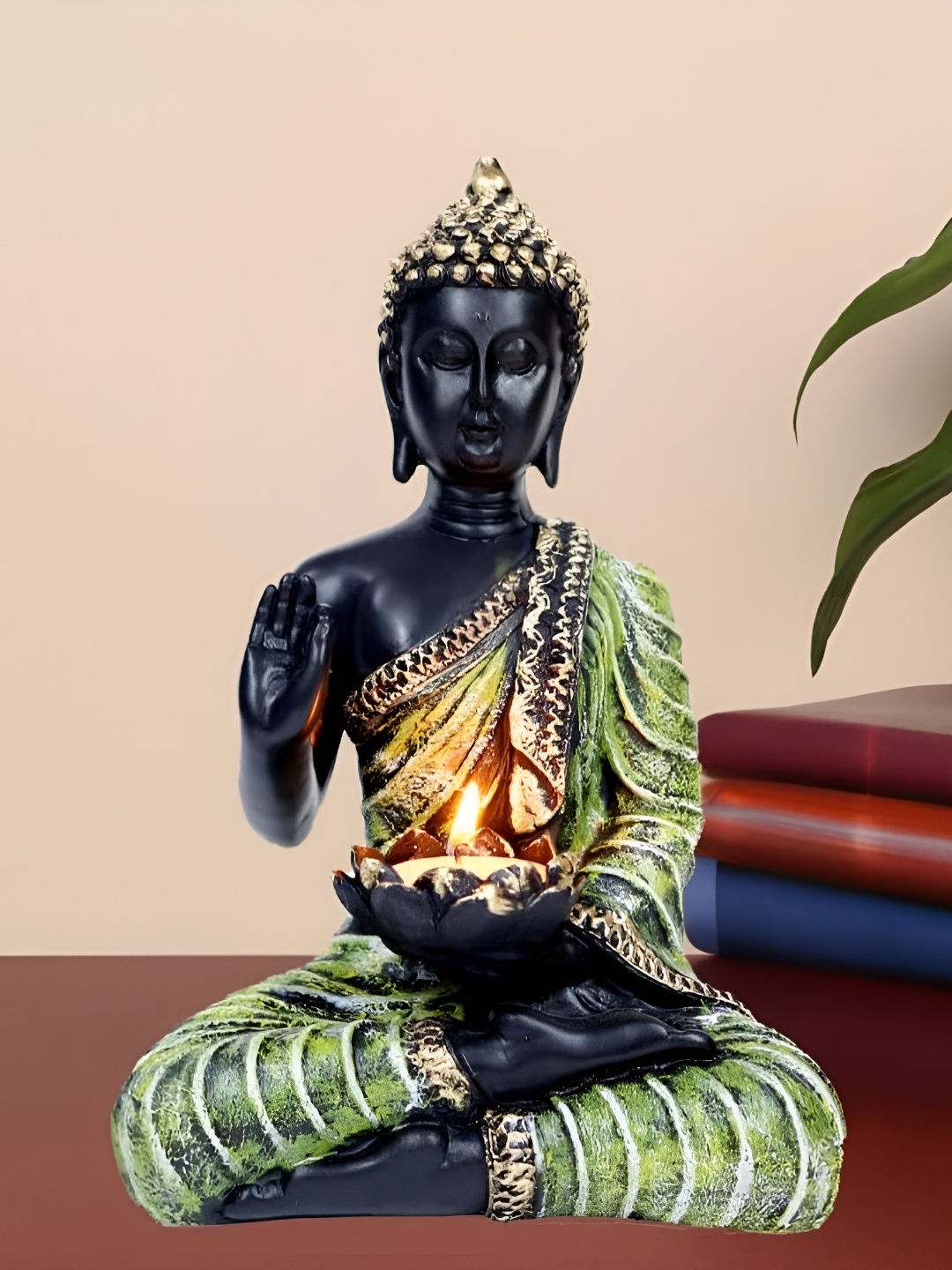 

HOME AUZAR Green & Black Buddha Sitting with Tea Light in Hand Figurine Showpiece