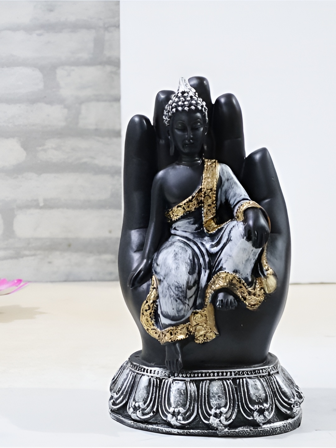 

HOME AUZAR Blue & Gray Small Sitting Buddha on Hand Calming statue Showpiece