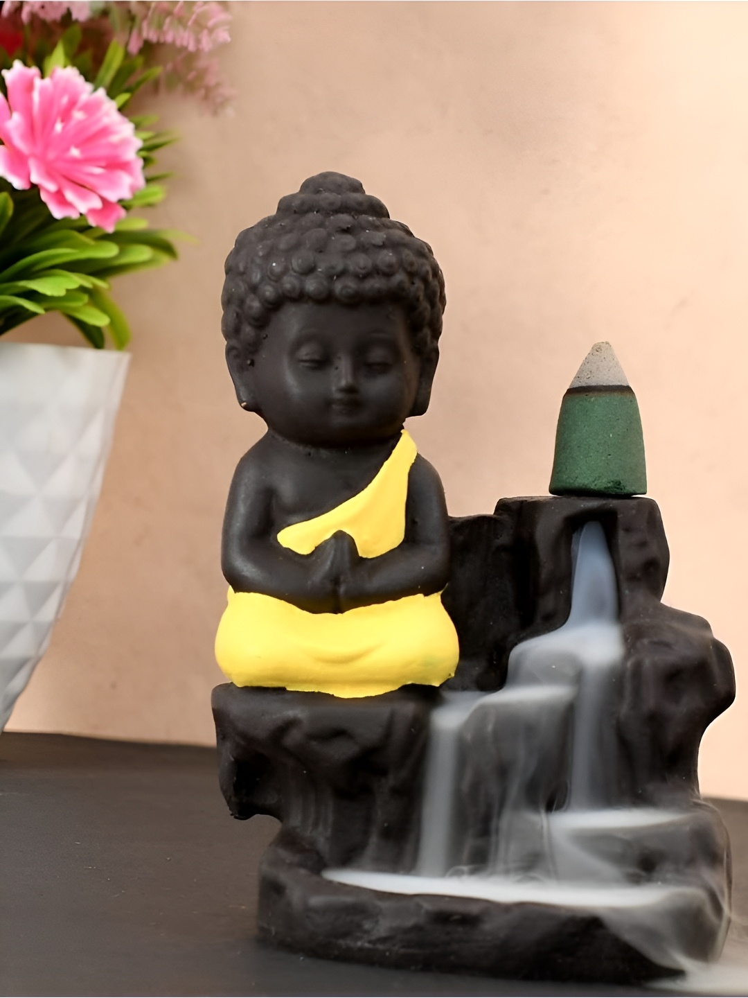 

HOME AUZAR Yellow Meditation Monk Buddha Statue with Smoke Back Flow Showpiece