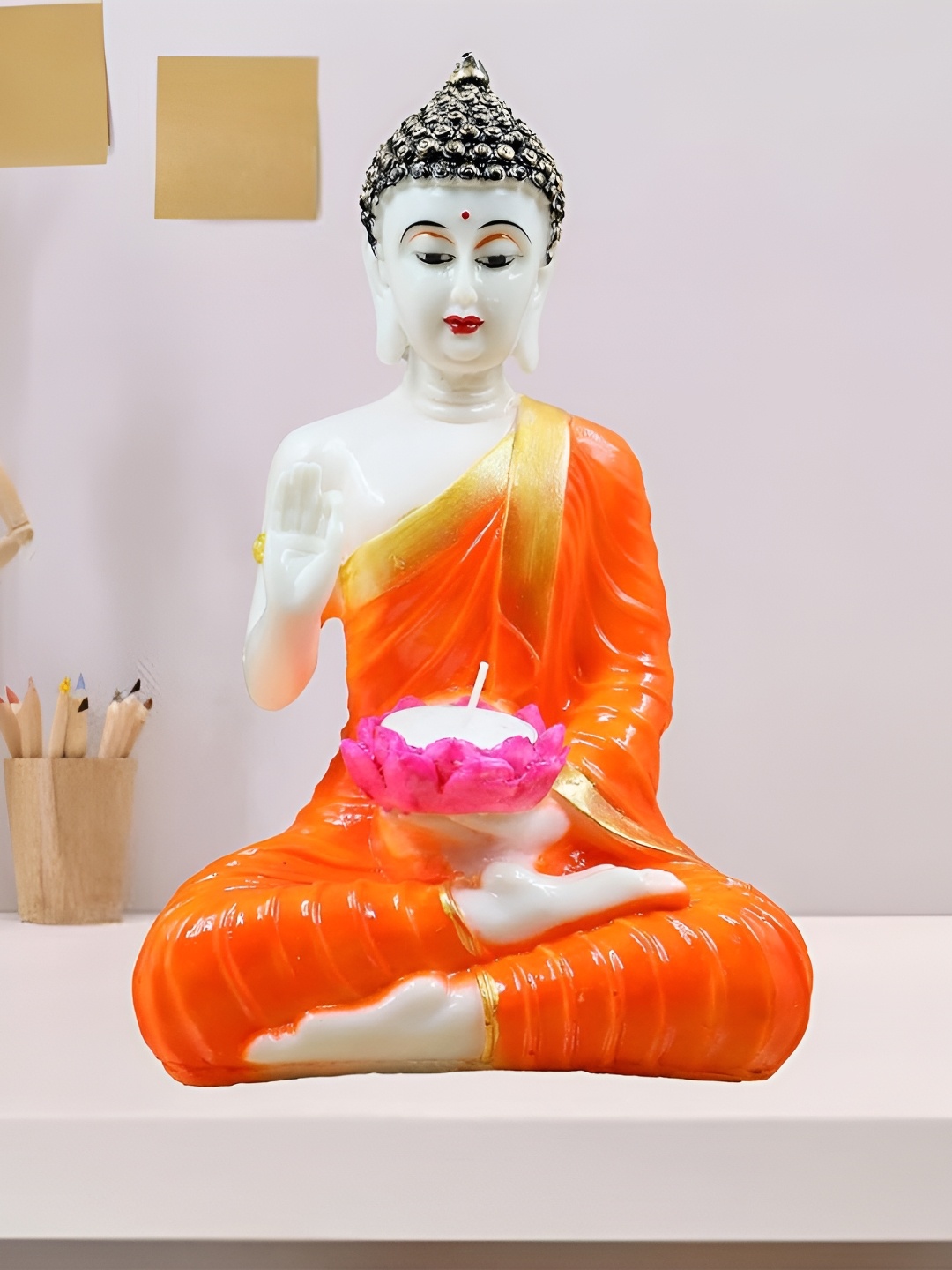 

HOME AUZAR Orange & White Medium Buddha Sitting with Tea Light in Hand Showpiece