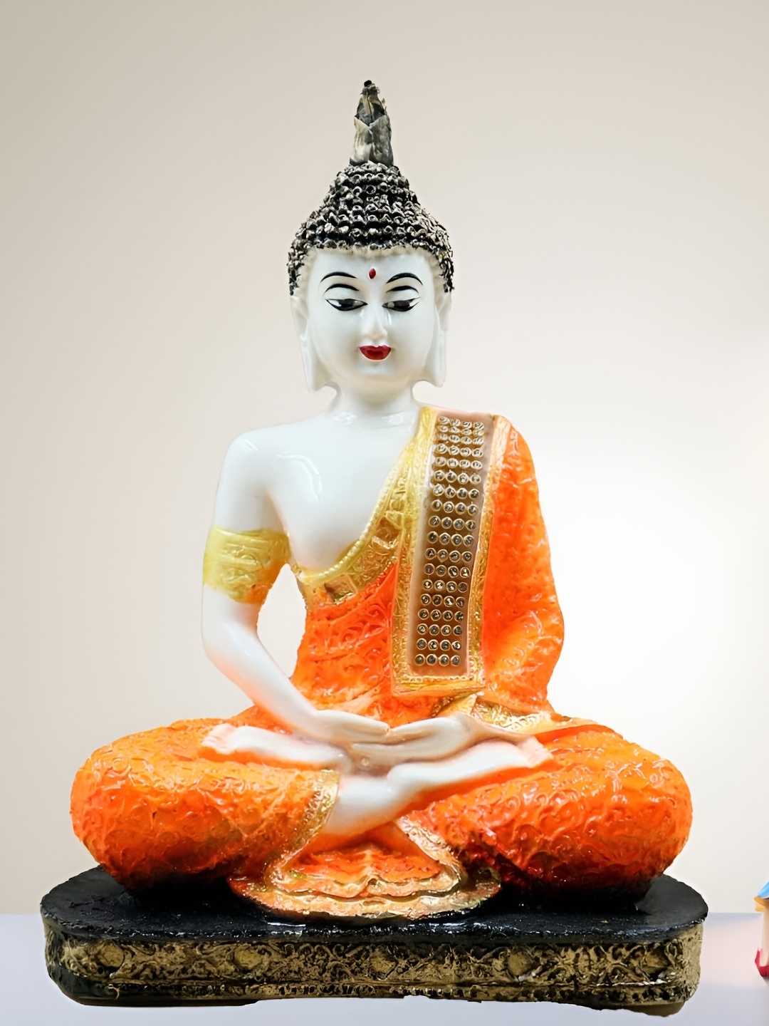 

HOME AUZAR Orange & White Medium Meditating Buddha Showpiece