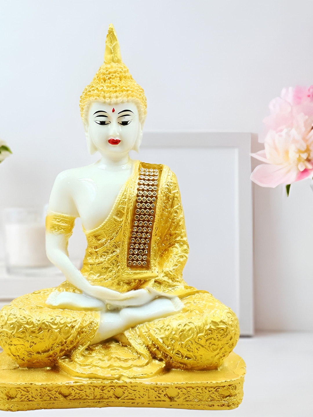 

HOME AUZAR Gold-Toned & White Medium Meditating Buddha Showpiece