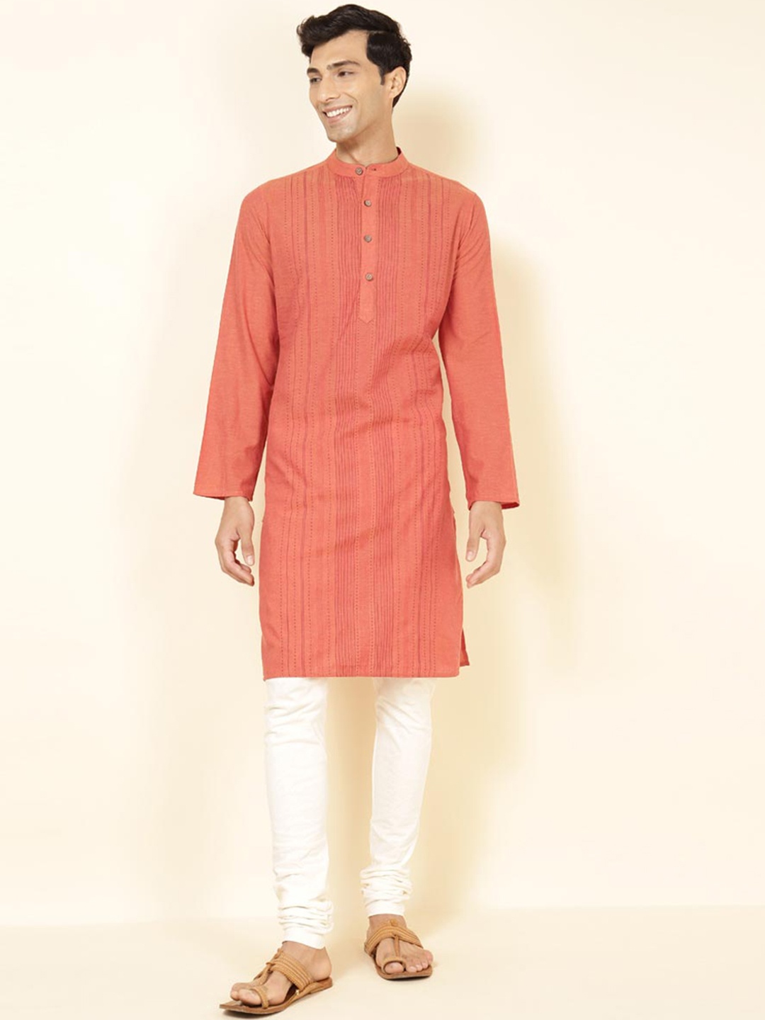 

Fabindia Striped Woven Design Band Collar Cotton Straight Kurta, Orange