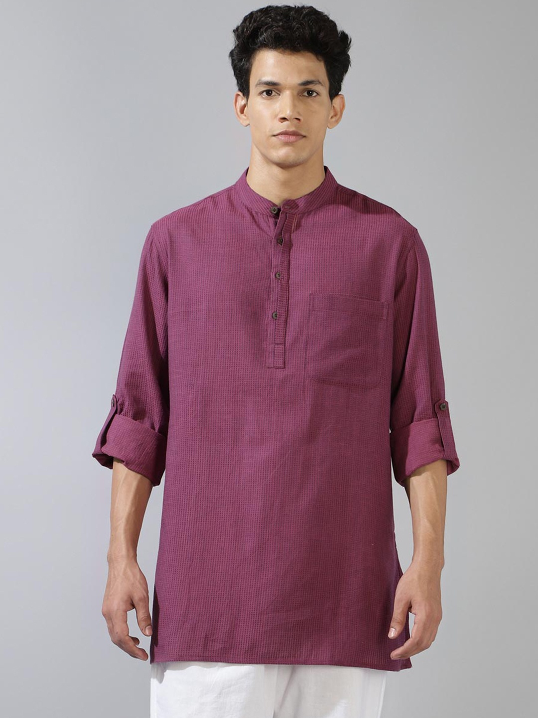 

Fabindia Striped Band Collar Roll Up Sleeves Cotton Straight Kurta, Purple