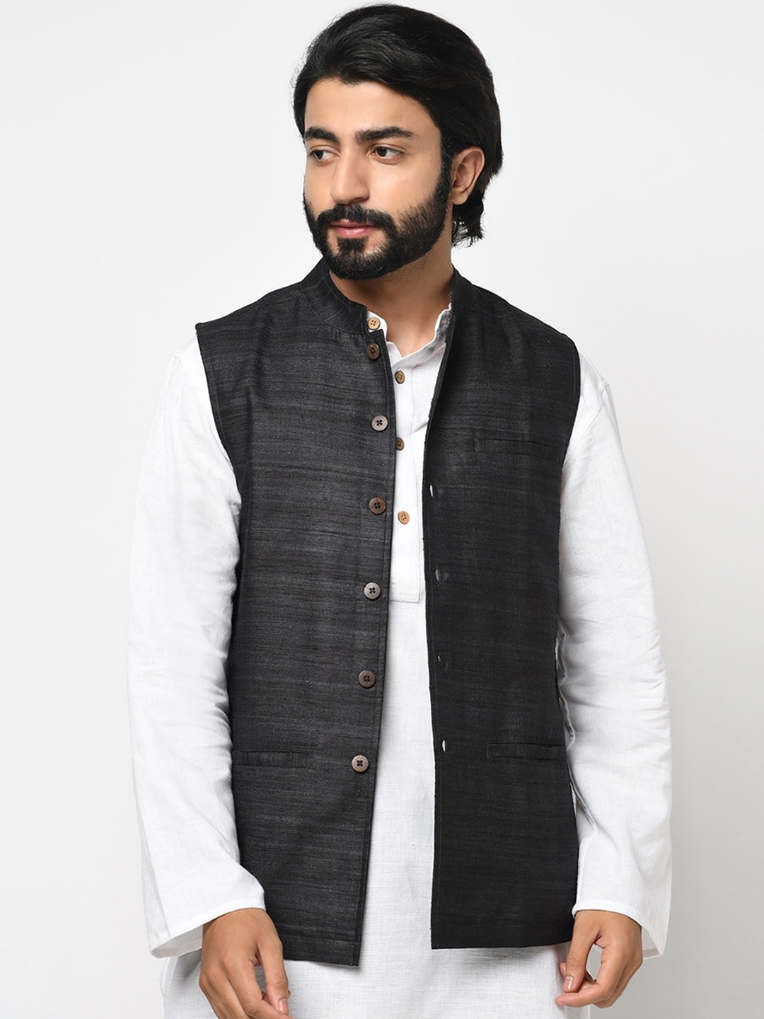 

Fabindia Mandarin Collar Silk Nehru Jacket, Black
