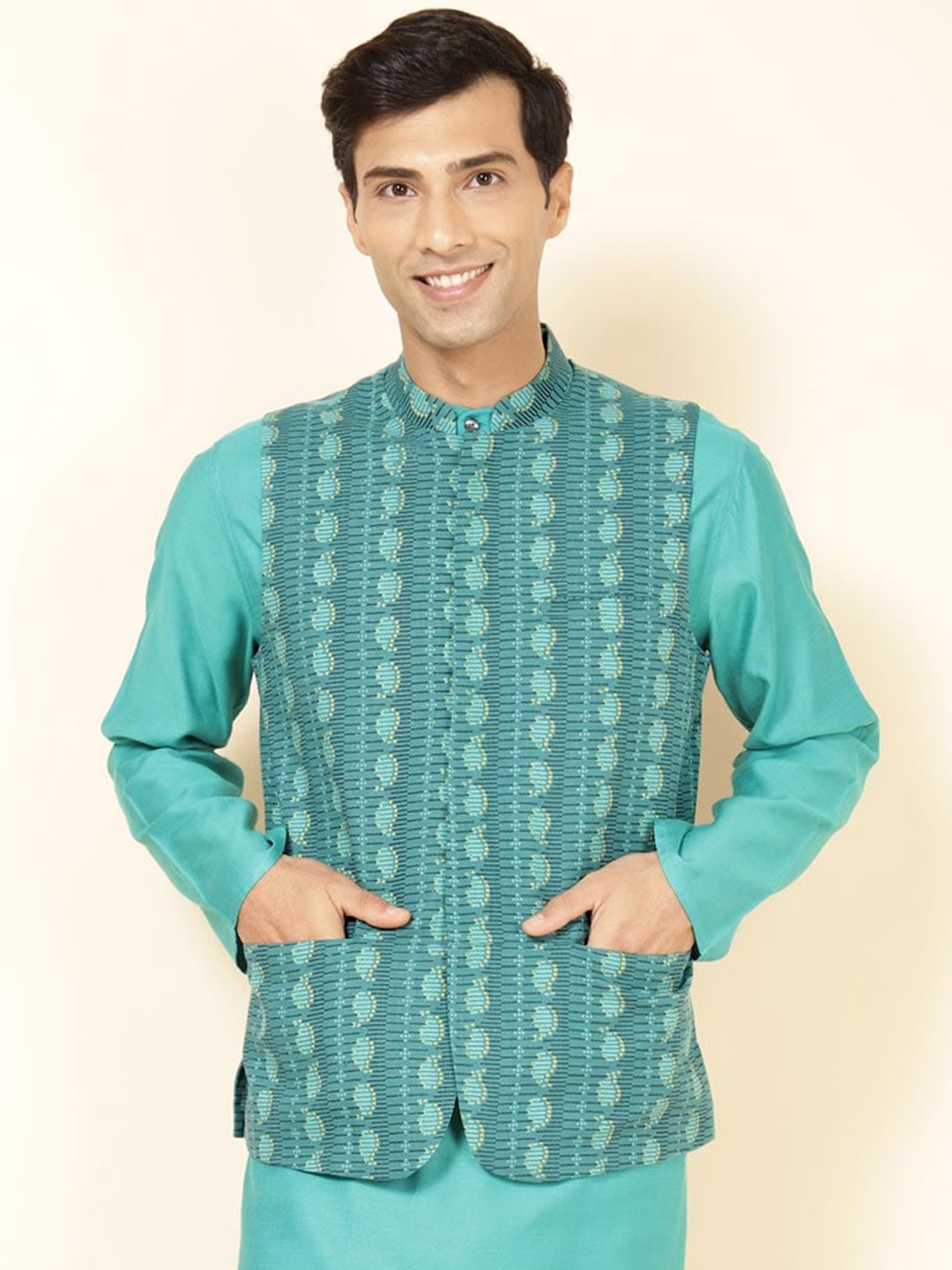 

Fabindia FabBasic Printed Cotton Nehru Jacket, Teal