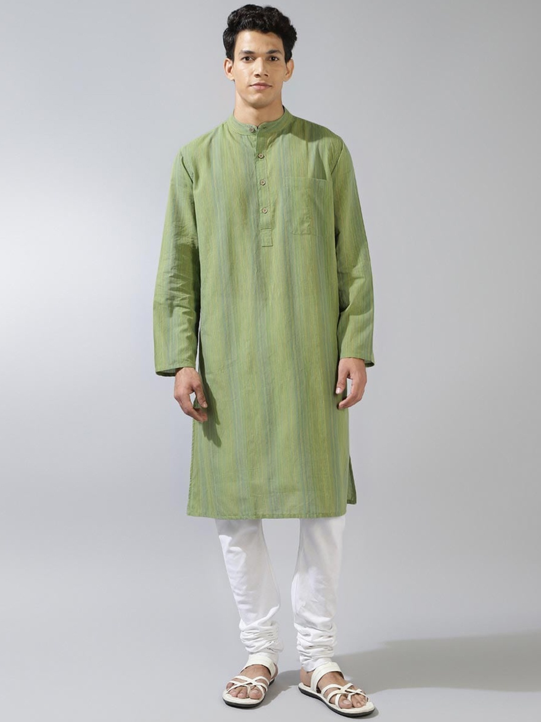 

Fabindia Striped Band Collar Cotton Straight Kurta, Green