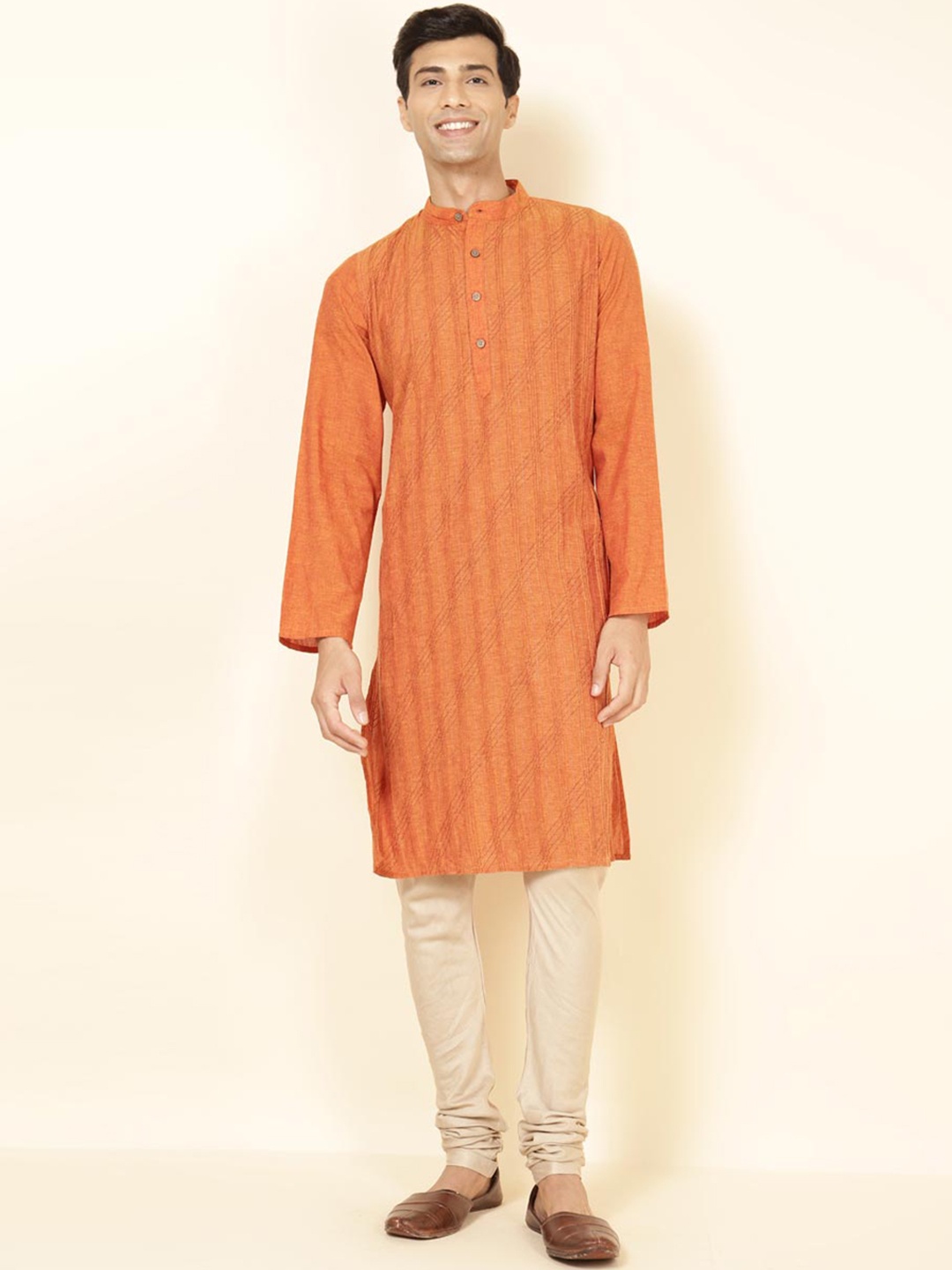 

Fabindia Striped Band Collar Cotton Straight Kurta, Orange
