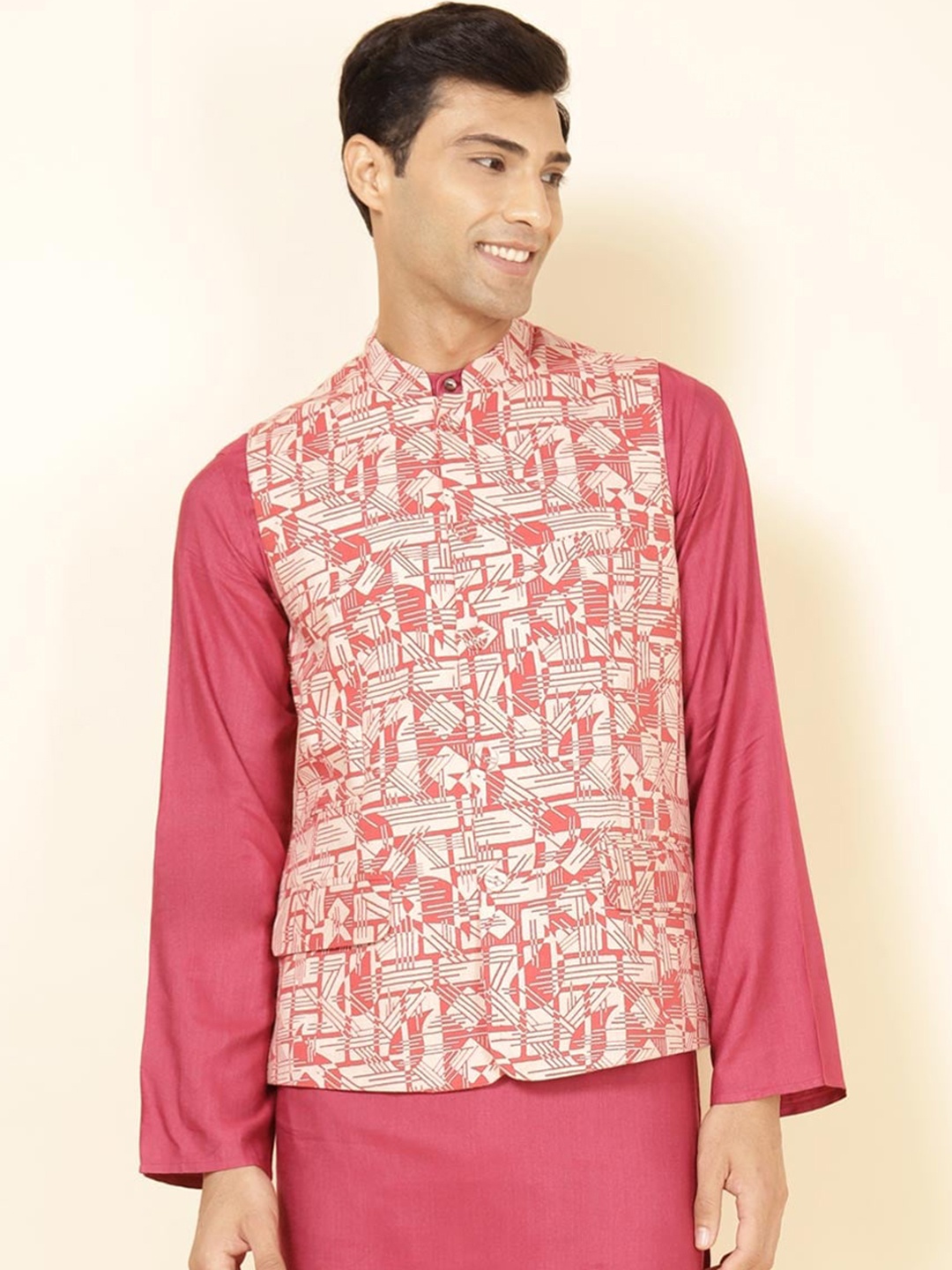 

Fabindia FabBasic Printed Cotton Nehru Jacket, Red