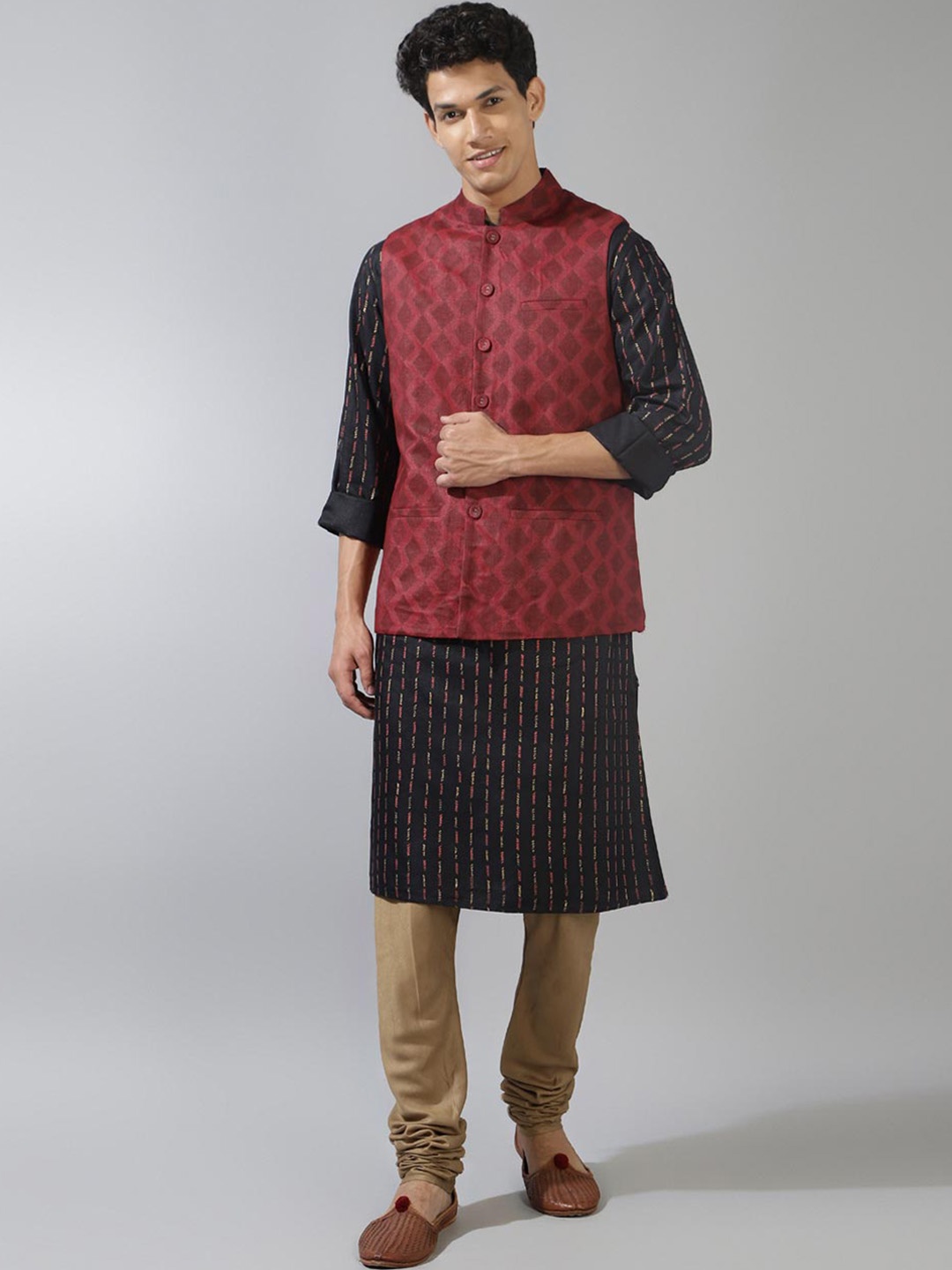

Fabindia Geometric Printed Nehru Jacket, Red